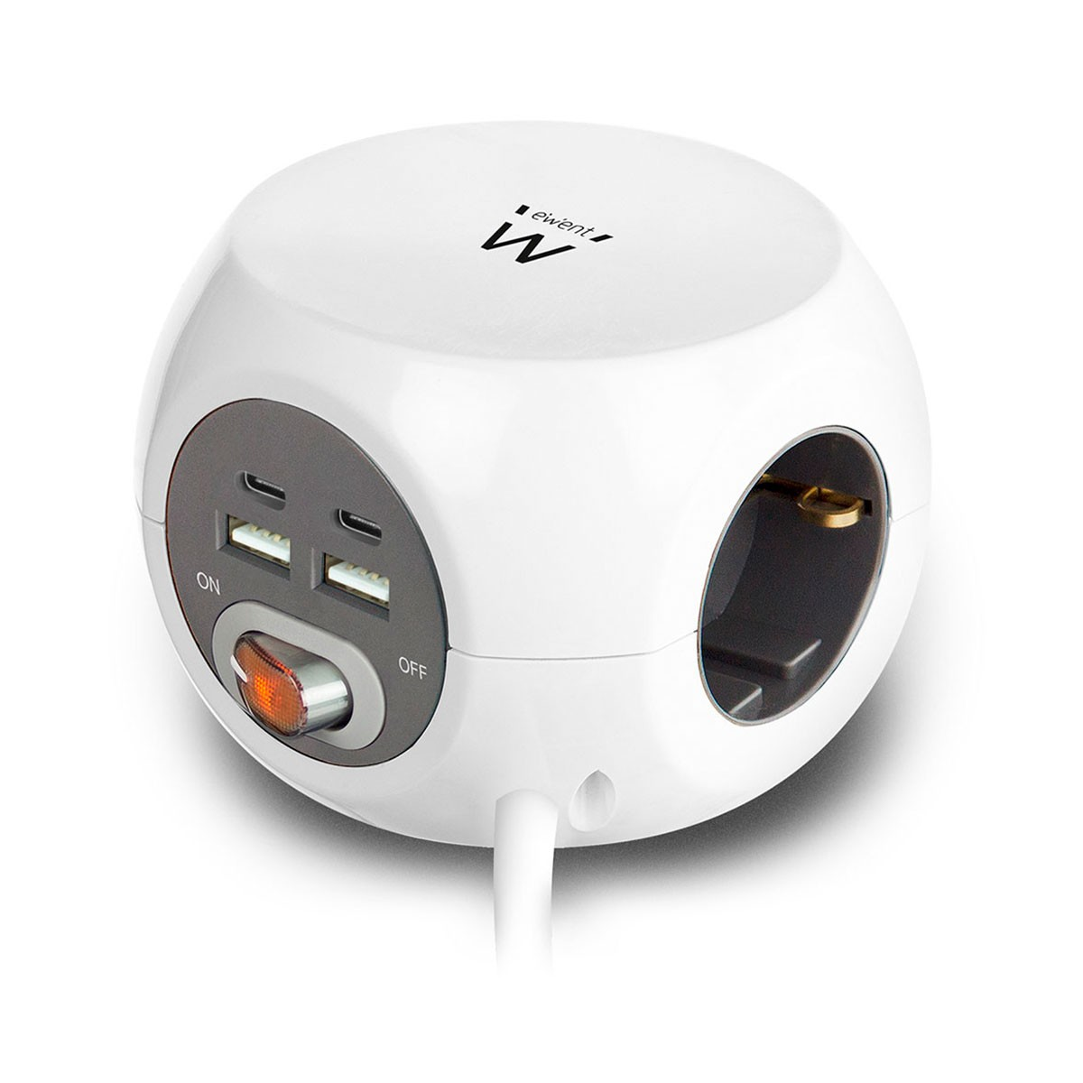 Biała kostka zasilająca z wieloma gniazdami, portami USB i pomarańczowym przyciskiem zasilania. Tło jest białe.