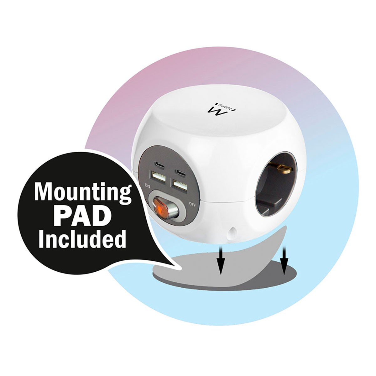 Biało-szara listwa zasilająca w kostce z portami i przełącznikiem, z napisem: „Podkładka montażowa w zestawie”.