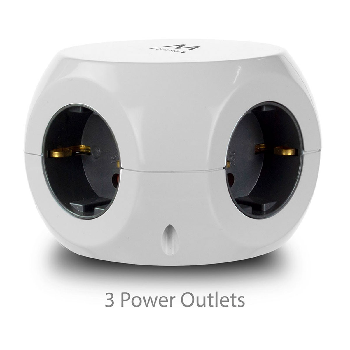 Biała kostka z trzema gniazdami, oznaczona jako '3 Power Outlets'.