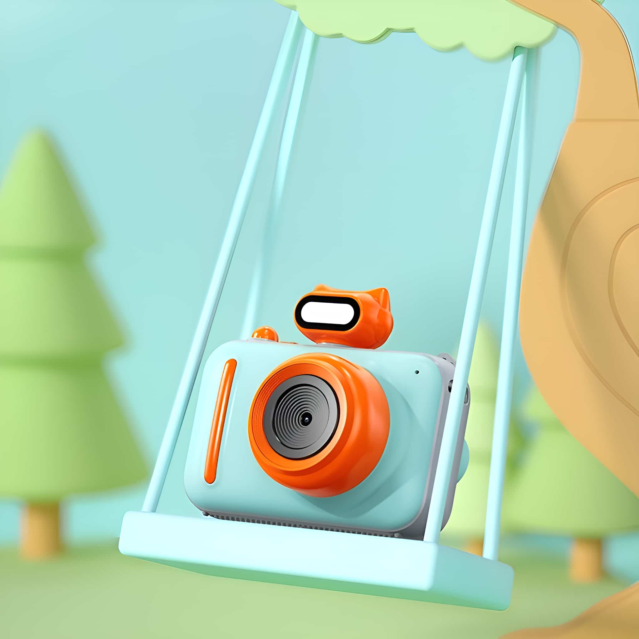 Eine blau-orange Spielzeugkamera auf einer Schaukel, umgeben von Zeichentrickbäumen.