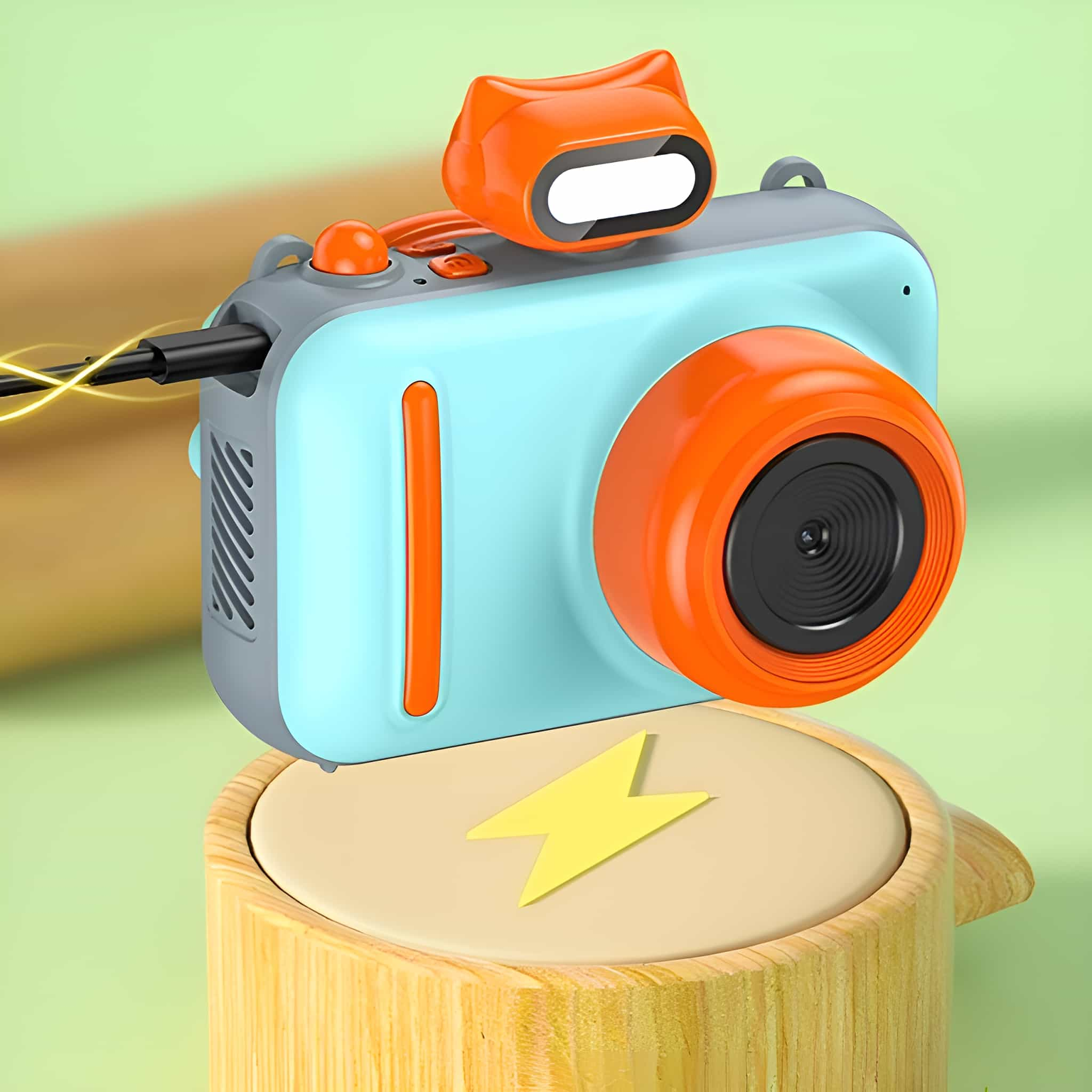 Hellblaue und orange Spielzeugkamera mit Katzenohr oben. Auf einem Holzsockel.