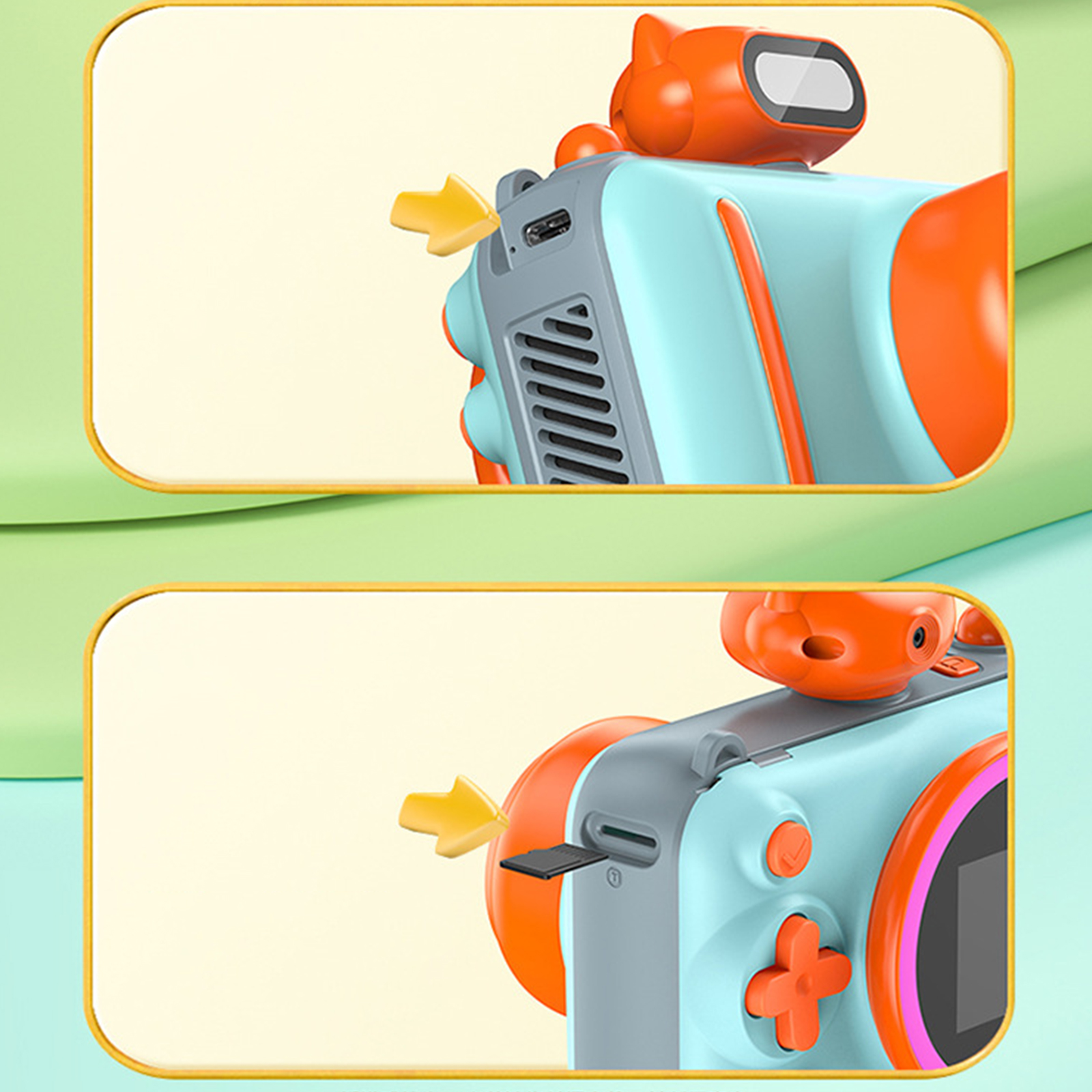 Nahaufnahme einer Spielzeugkamera für Kinder, blau und orange.