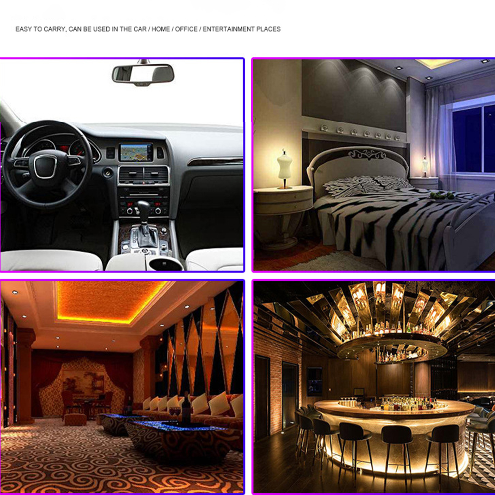 Vier Bilder: Auto innen, Schlafzimmer, Wohnzimmer und Bar, alles mit Stimmungslicht.