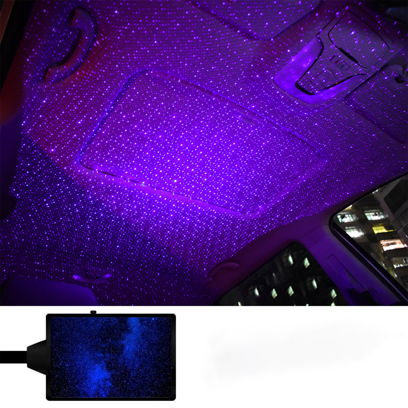 Autoinnenraum mit lila Sternenhimmel-Effekt. Sterne an der Decke. Schwarzes Armaturenbrett sichtbar.