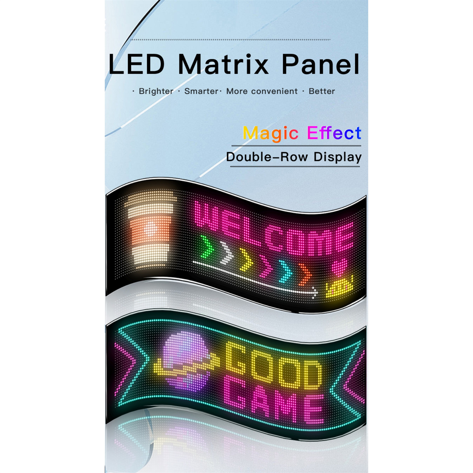 LED-Matrix-Panel, das „WELCOME“ und „GOOD GAME“ anzeigt.