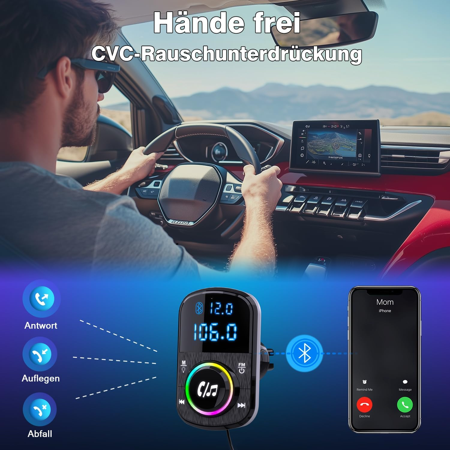 Mann fährt Auto, mit Bluetooth-Gerät und Telefon, das einen Anrufbildschirm anzeigt. Text: Freisprechen.