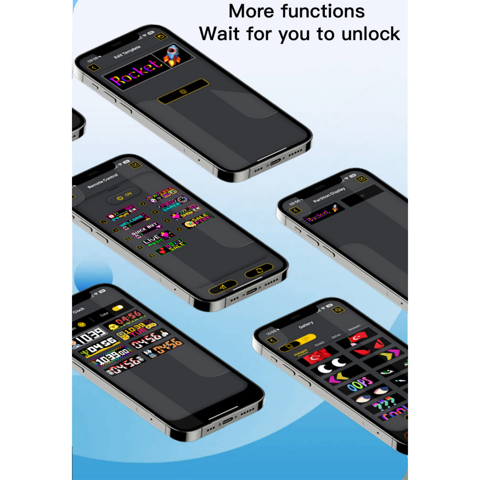 Mehrere Smartphones mit verschiedenen UI-Bildschirmen werden angezeigt, Text lautet "More functions".