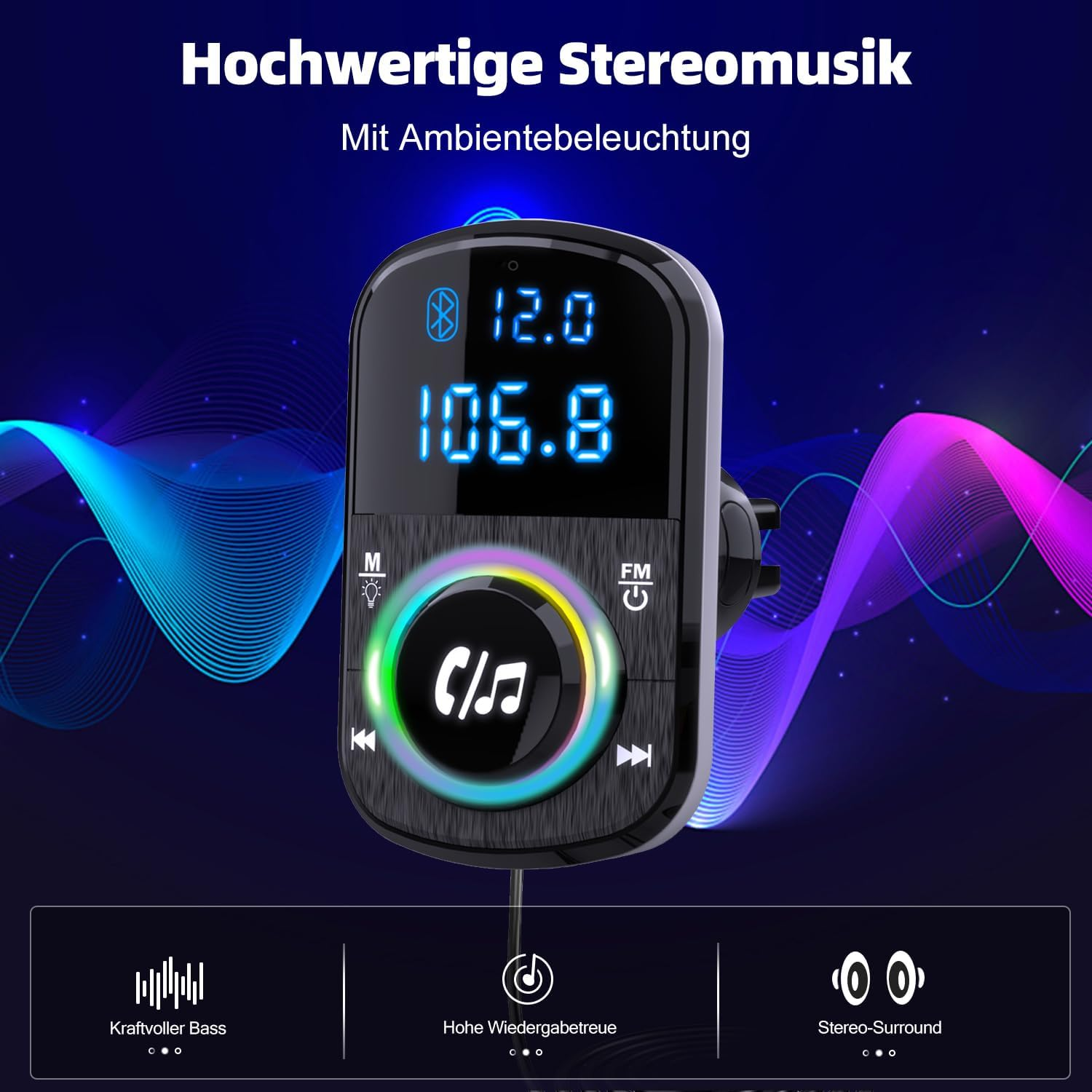 Schwarzer Auto-FM-Sender mit Bildschirm, der Zahlen und bunte Lichter anzeigt.