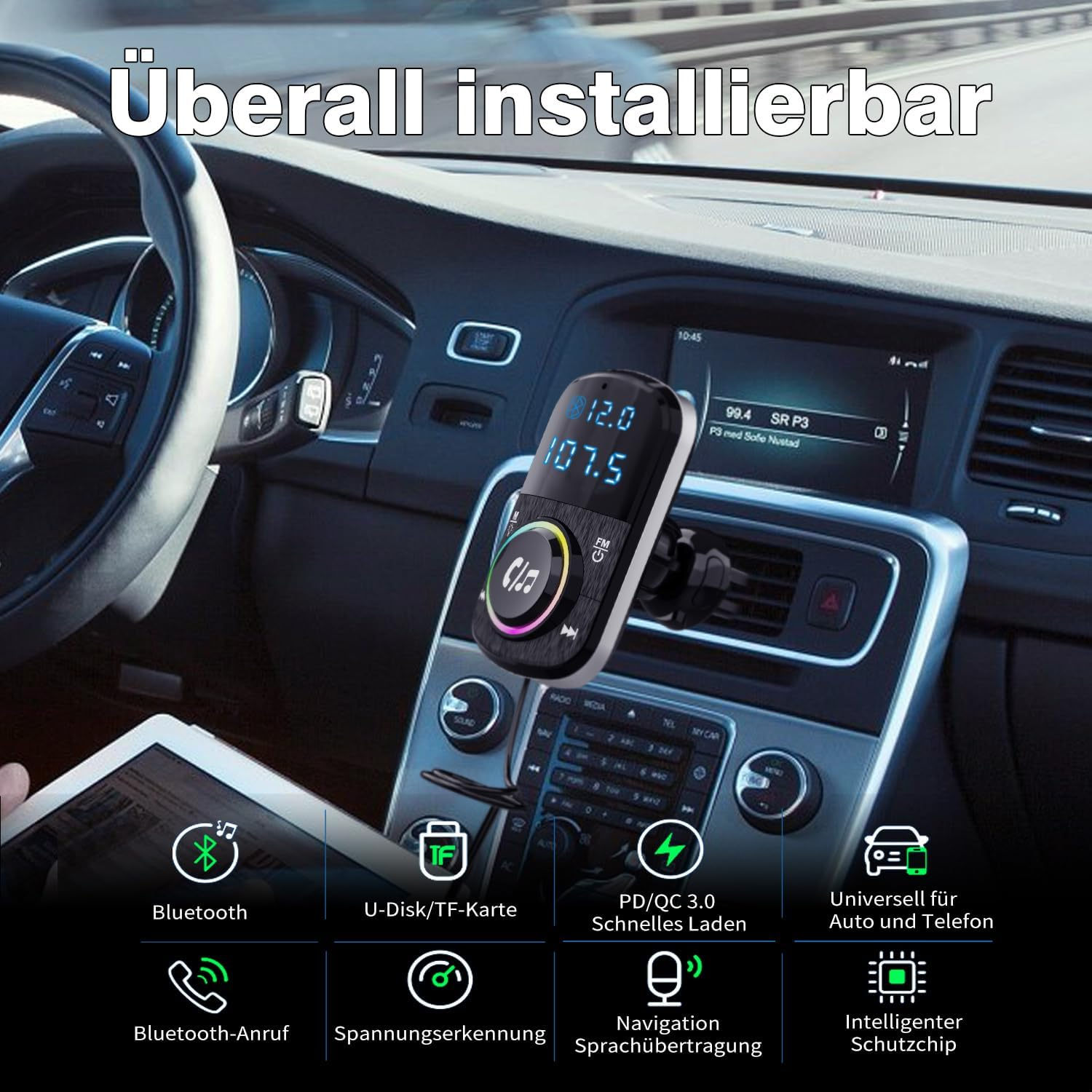Auto-Bluetooth-FM-Transmitter. Bildschirm zeigt Infos. Knöpfe. Armaturenbrett Hintergrund.