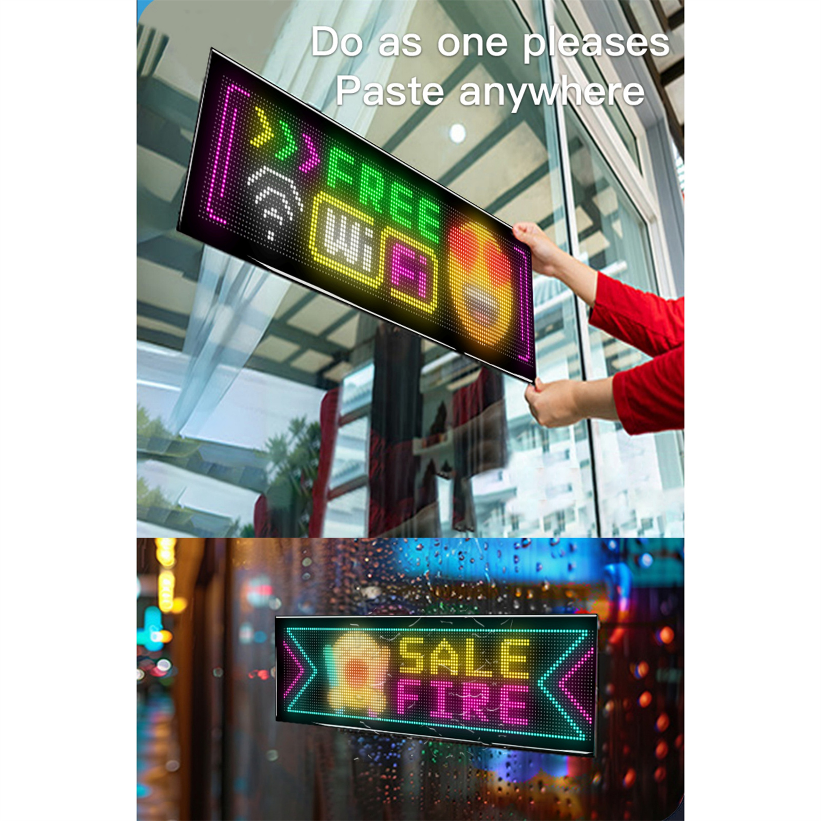 Zwei Schilder mit LED-Lichtern an einer Glastür. Eines sagt FREE WIFI, das andere SALE.