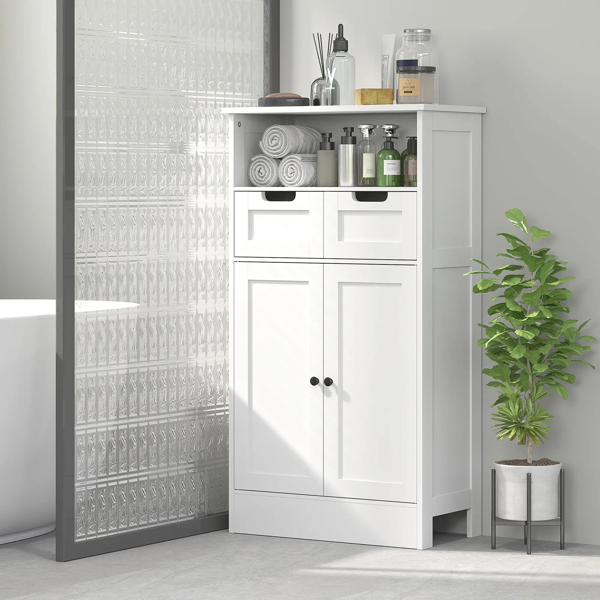 Weißer Badezimmerschrank mit zwei Türen, zwei Schubladen und einem Regal mit Handtüchern und Toilettenartikeln.