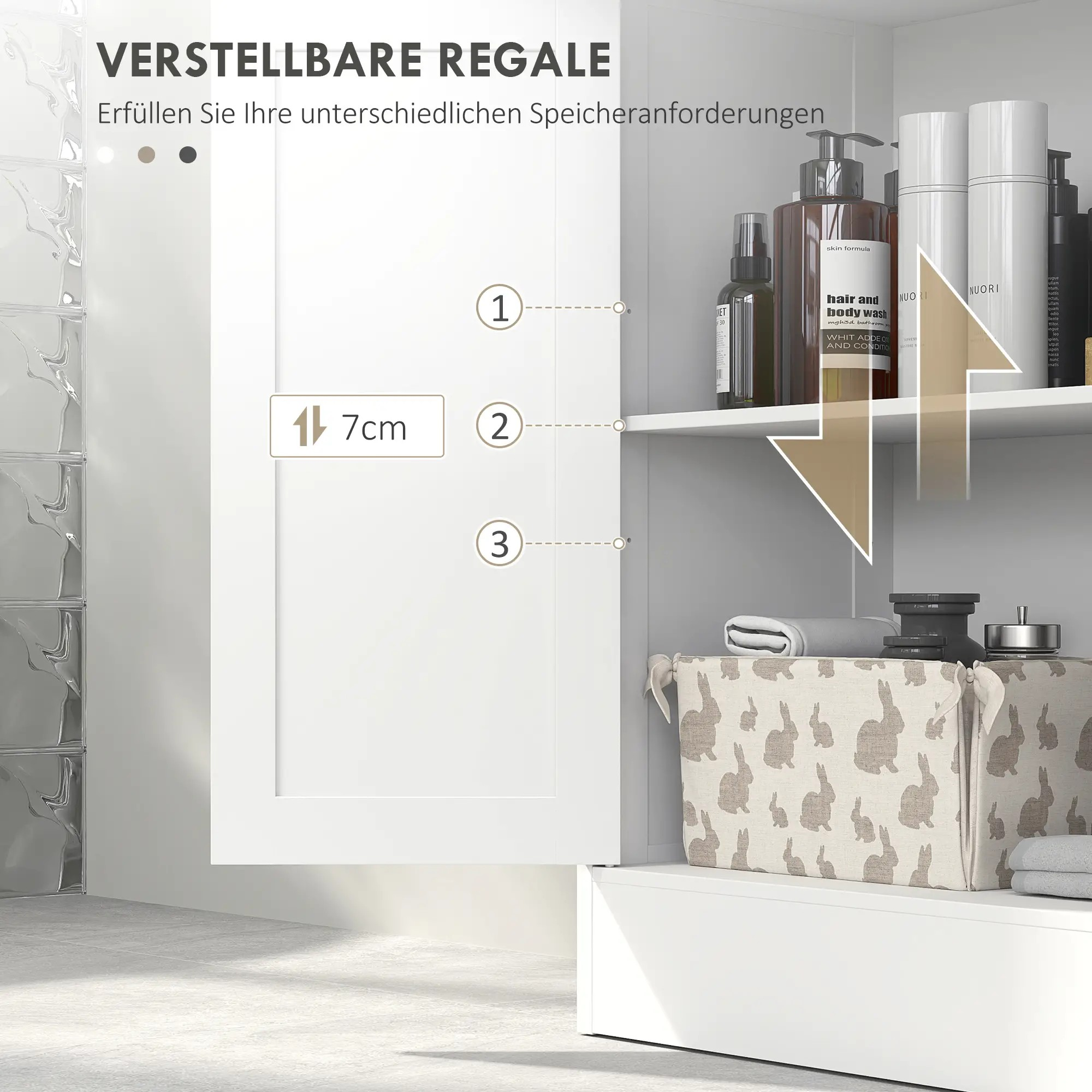 Weißer Schrank mit verstellbaren Regalen, mit Badprodukten und Dekoration.