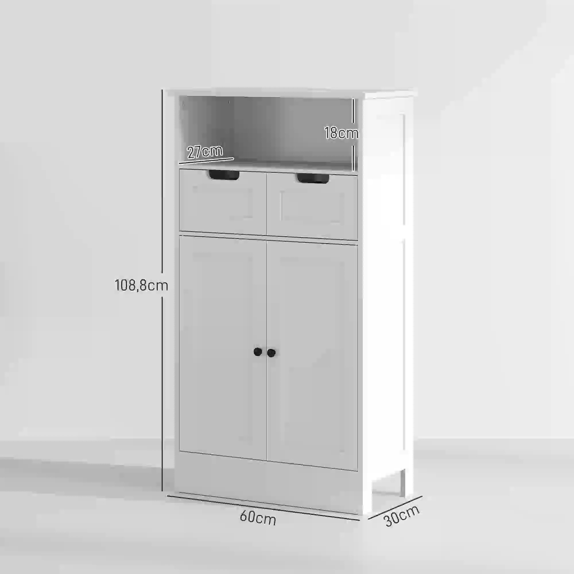 Weißer Schrank mit zwei Türen und zwei Schubladen. Er hat im Bild angegebene Abmessungen.