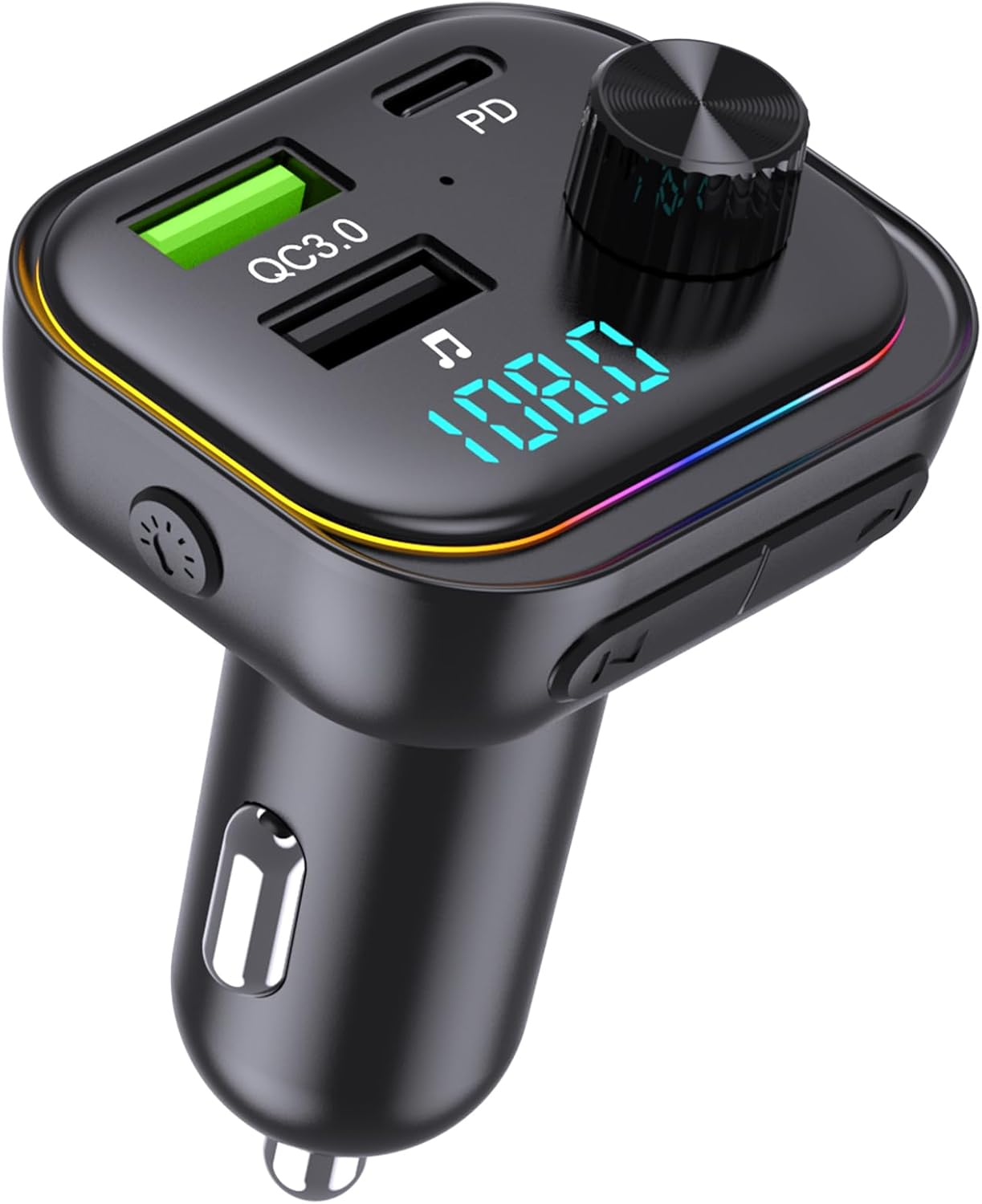 Schwarzes Autoladegerät mit USB-Anschlüssen. Anzeige mit '108.0'. Knopf und Tasten sichtbar.