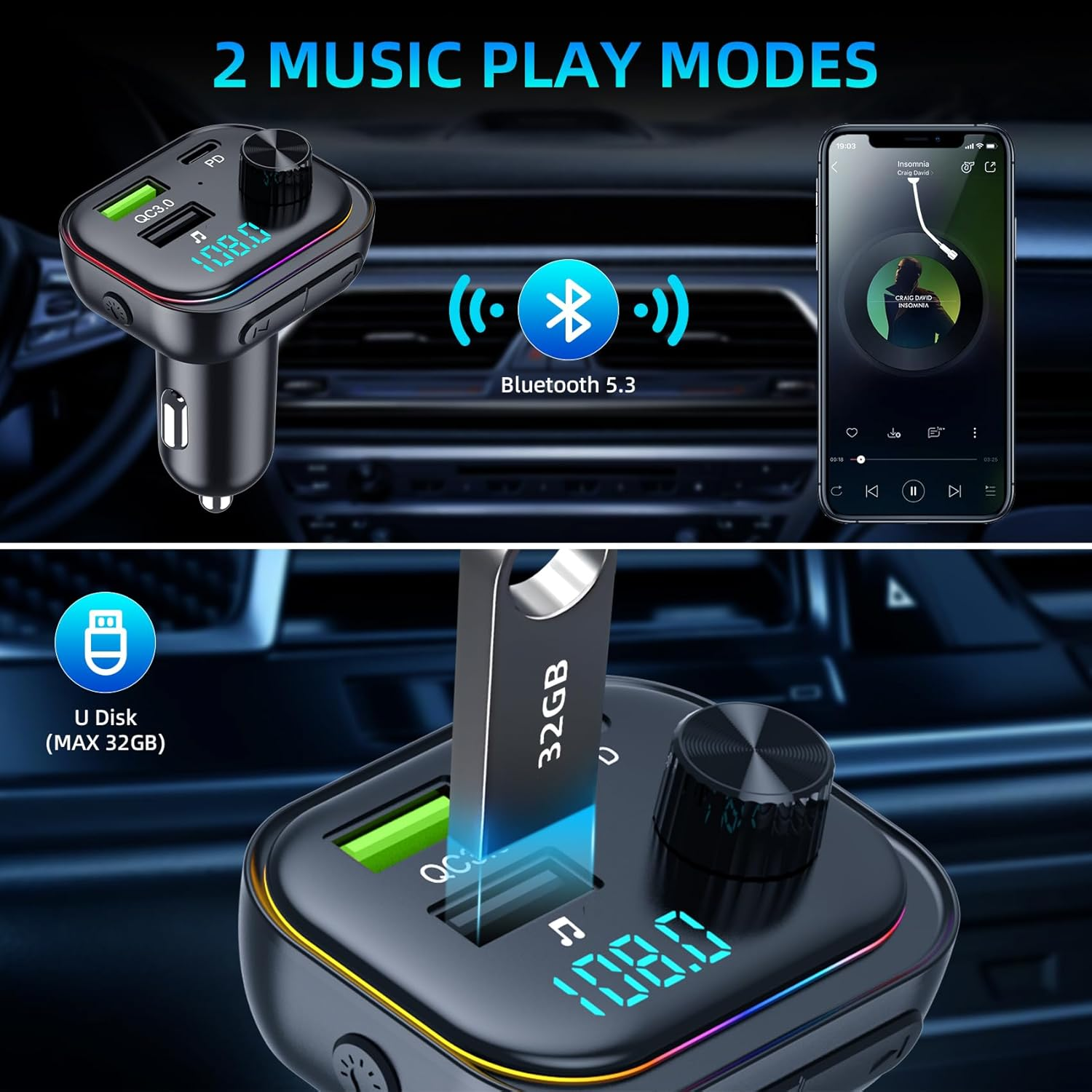 Kfz-Ladegerät mit USB-Anschlüssen, Telefon mit Musik, USB-Stick eingesetzt.