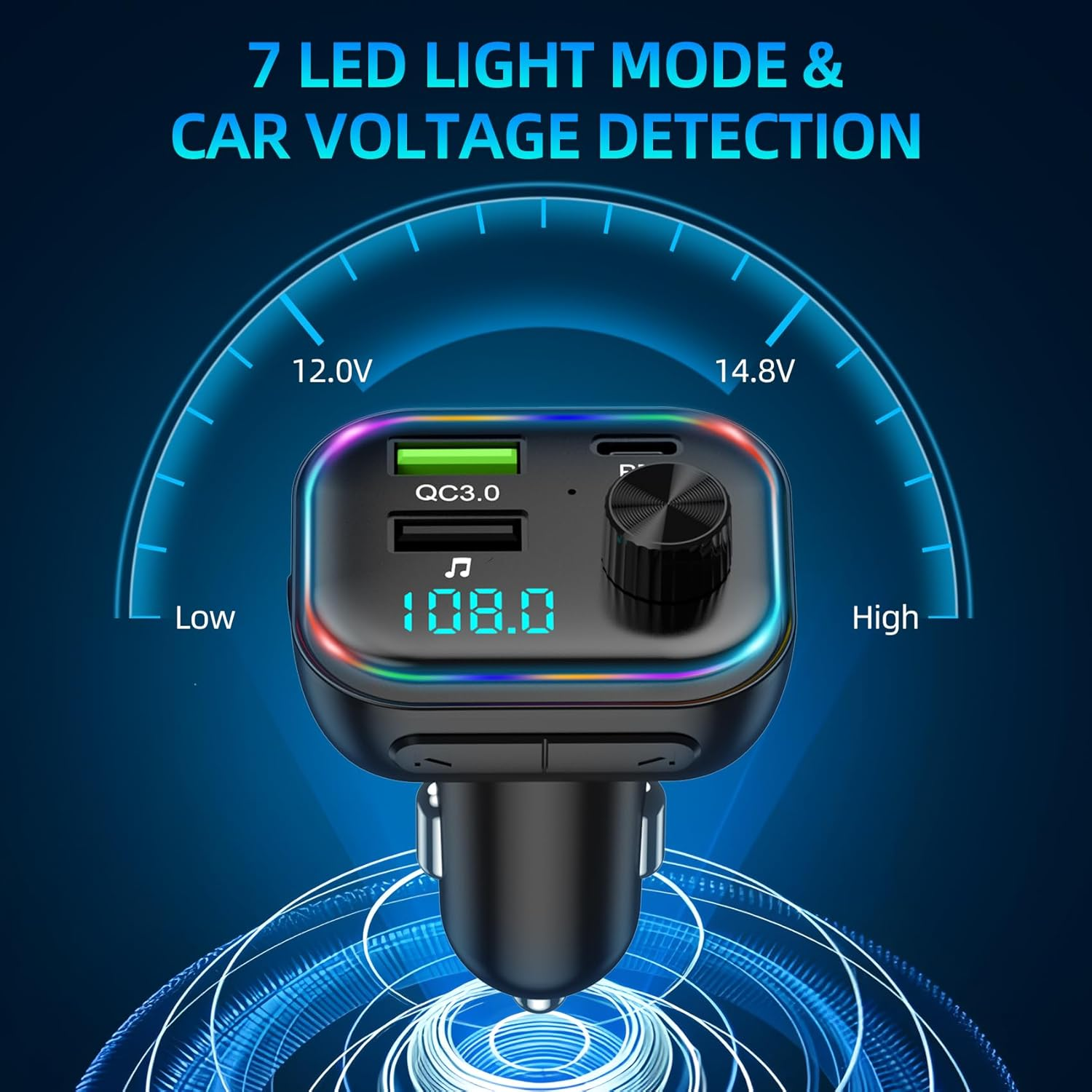 Kfz-Spannungsdetektor mit Digitalanzeige und bunten LED-Leuchten.