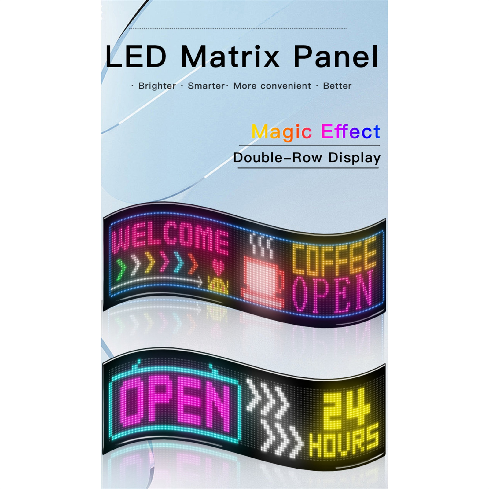 LED-Matrix-Panel, das "WELCOME" und "COFFEE OPEN" in zwei Zeilen anzeigt.