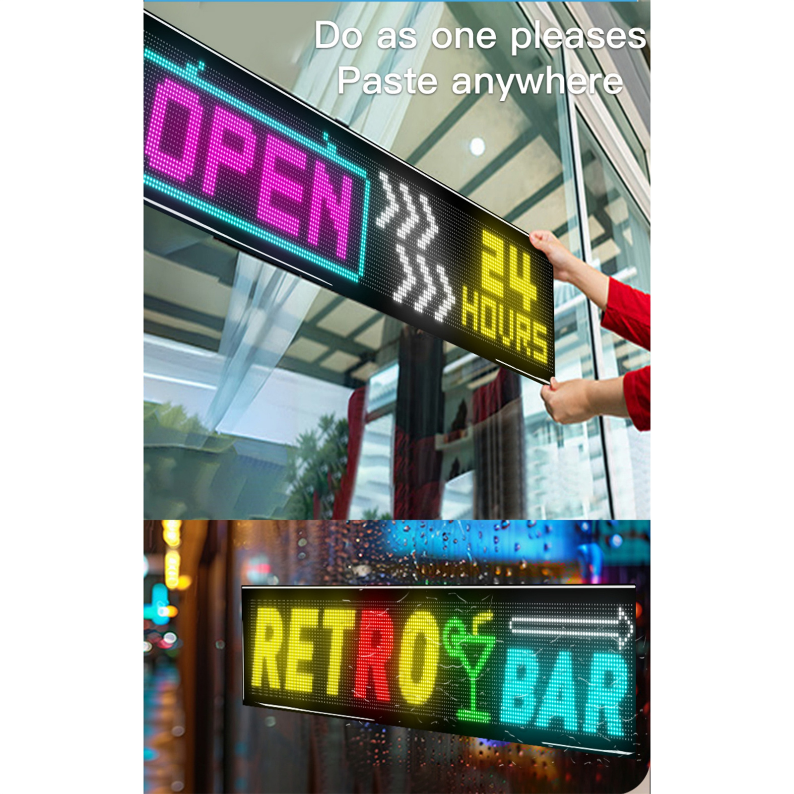 Ein LED-Schild mit "OPEN" und "24 HOURS" wird installiert. Ein "RETRO BAR"-Schild ist ebenfalls sichtbar.