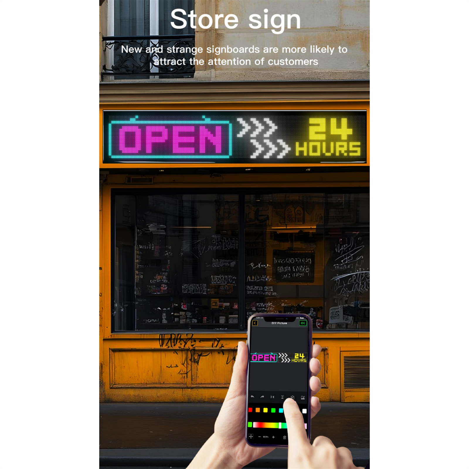 Ein Ladenschild mit der Aufschrift OPEN 24 HOURS, wobei eine Person ein Telefon mit dem Schild hält.