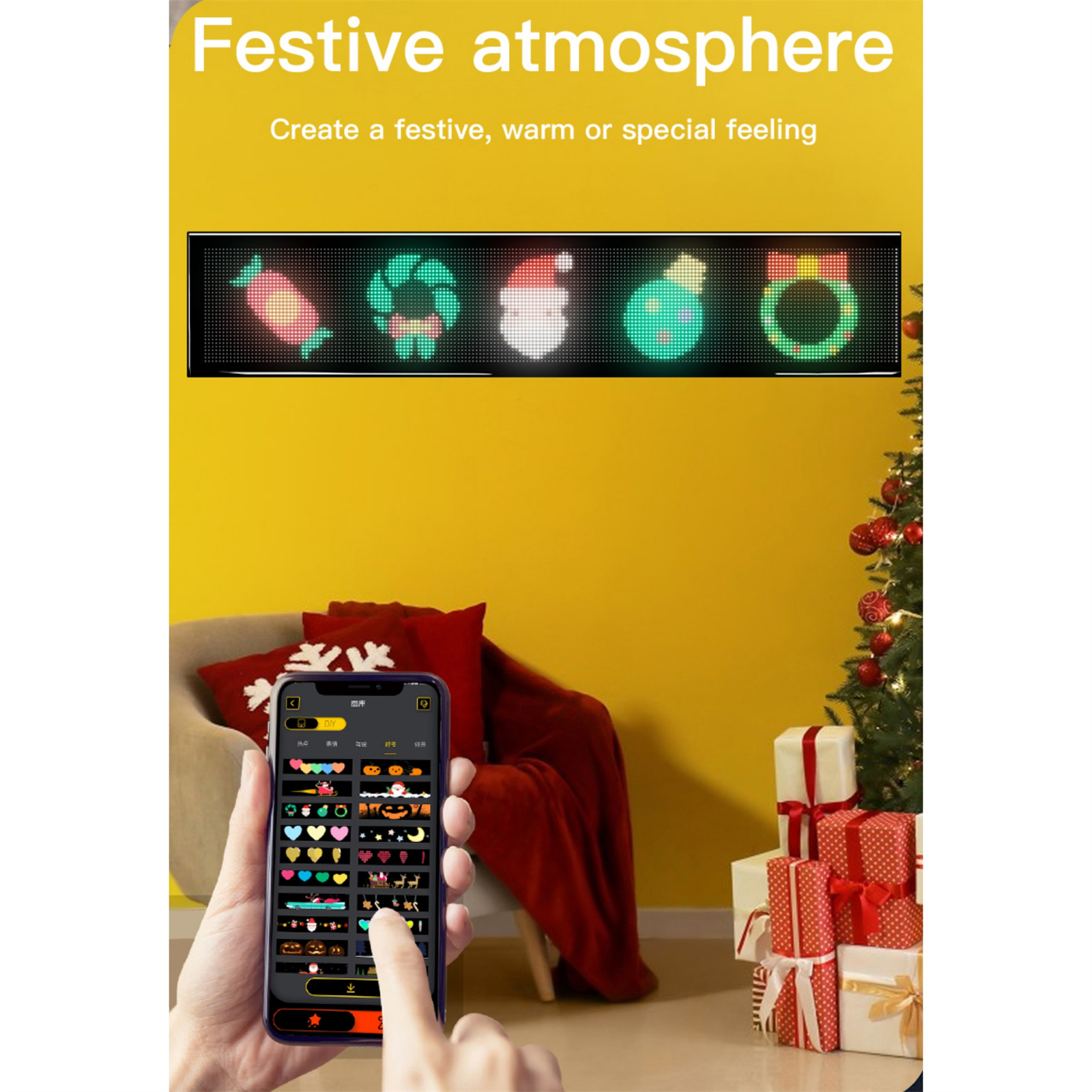 Die Hand einer Person, die ein Telefon mit weihnachtlichen Dekorationen benutzt.