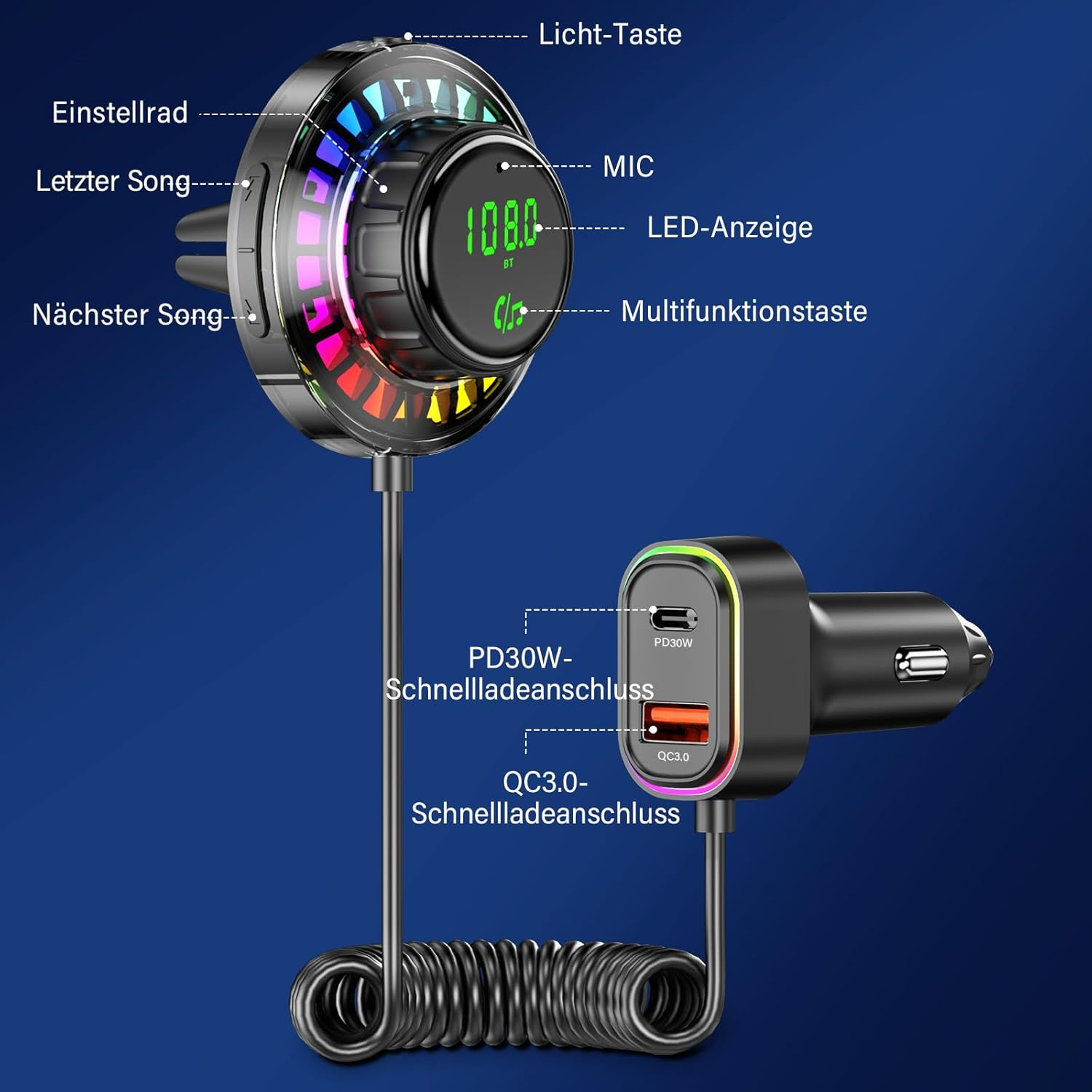 Auto-Zubehör mit einem farbenfrohen LED-Ring, einer kleinen Digitalanzeige und zwei USB-Anschlüssen. Schwarzer und blauer Hintergrund.