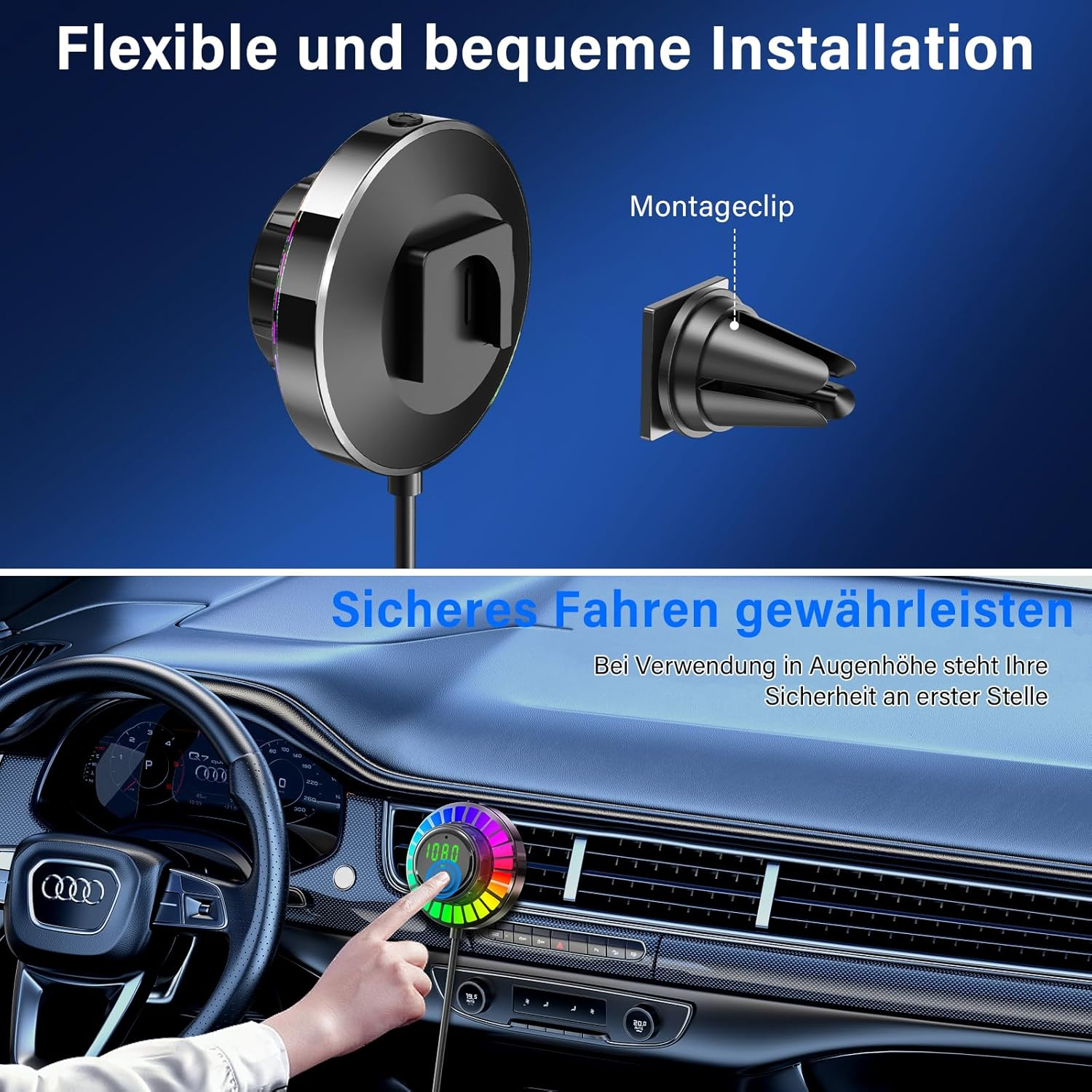 Ein Armaturenbrett mit kreisförmiger Anzeige und einer Telefonhalterung. Text auf Deutsch.