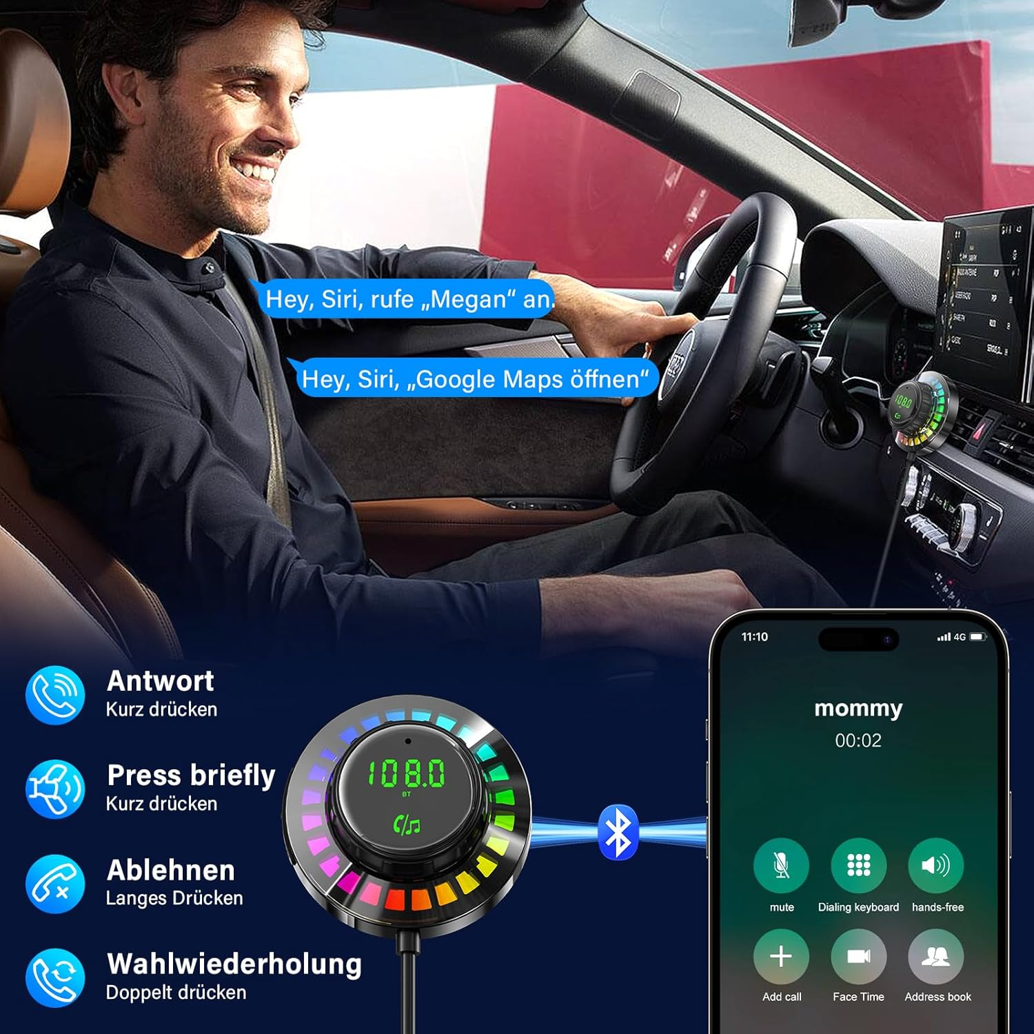 Ein Mann in einem Auto, der ein drahtloses Telefongerät benutzt.
