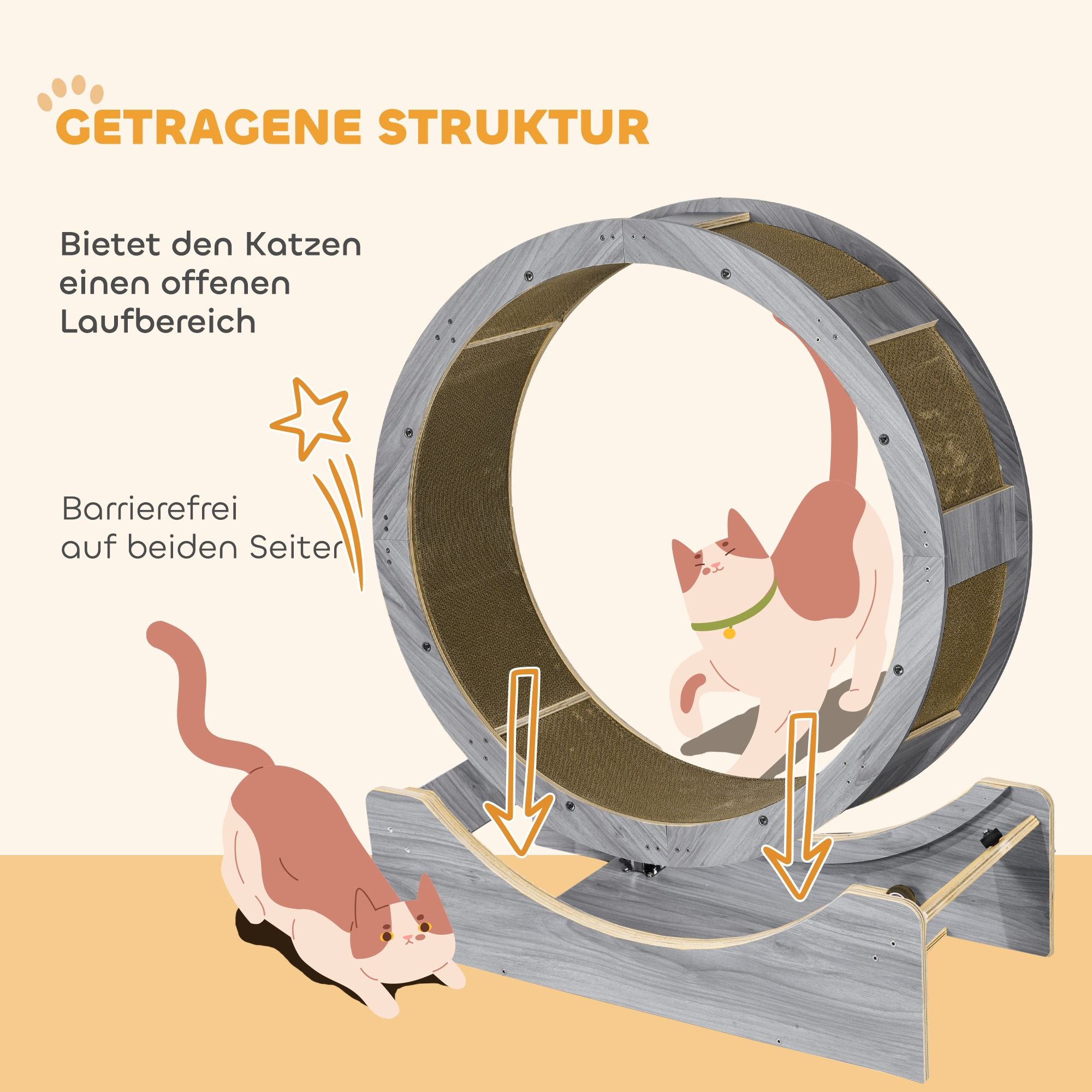 Eine Katze in einem radartigen Kratzbaum, mit einer anderen Katze, die am Boden liegt, im Cartoon-Stil.