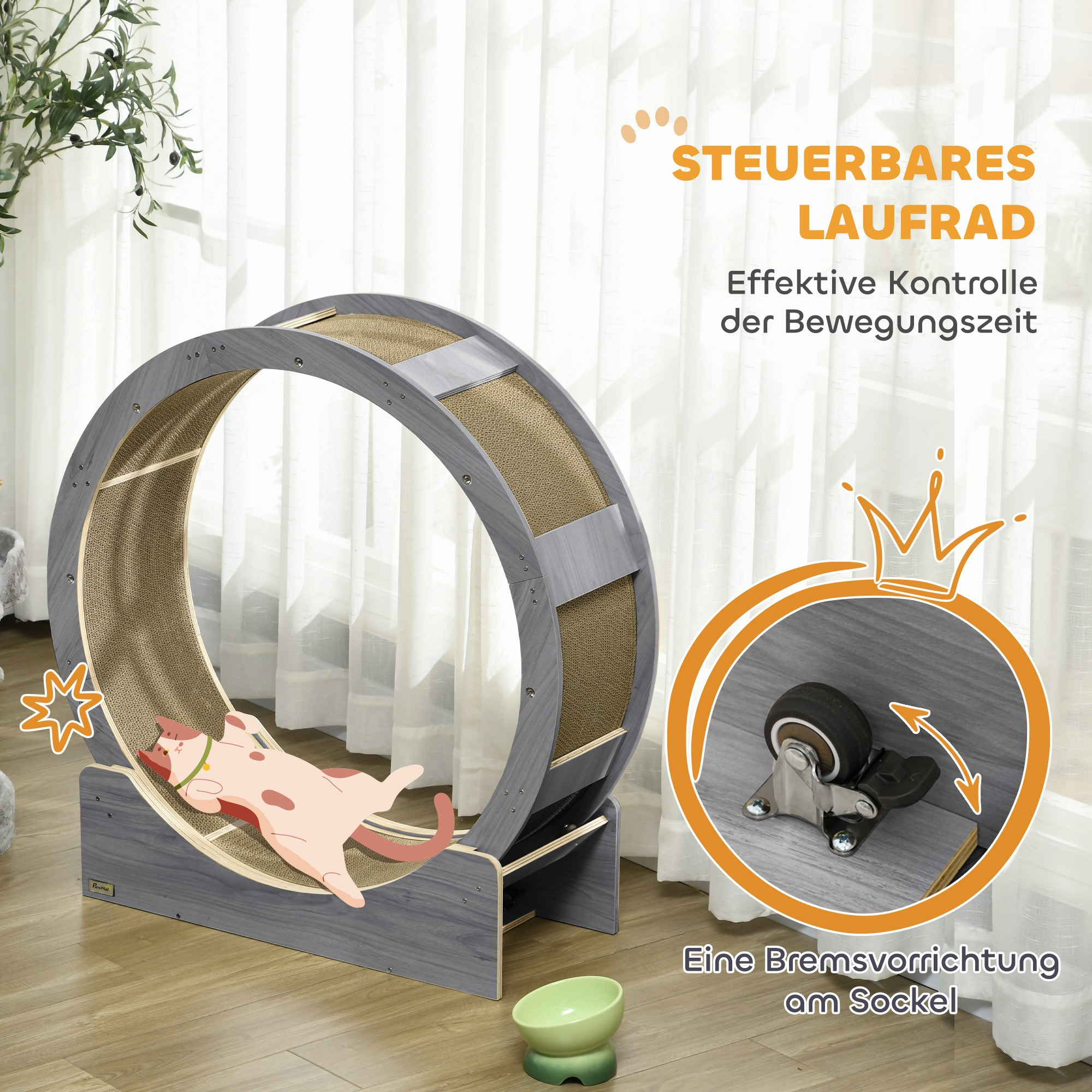 Ein Katzenrad mit deutschem Text. Eine Katze liegt im Rad.