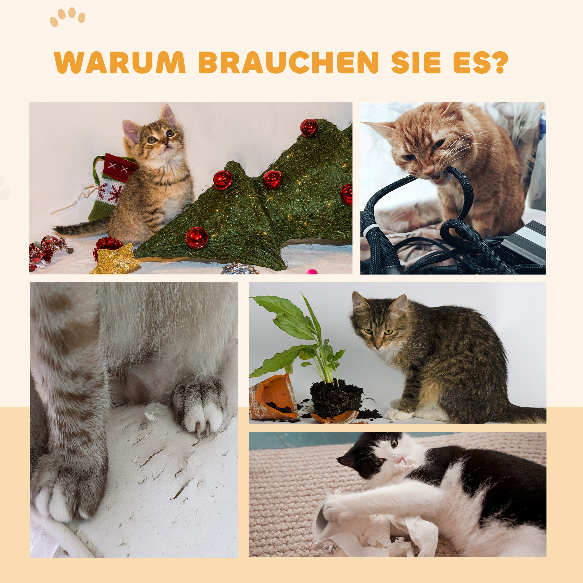 Katzen mit Weihnachtsbaum und beschädigten Gegenständen, die zeigen, warum Katzen benötigt werden.