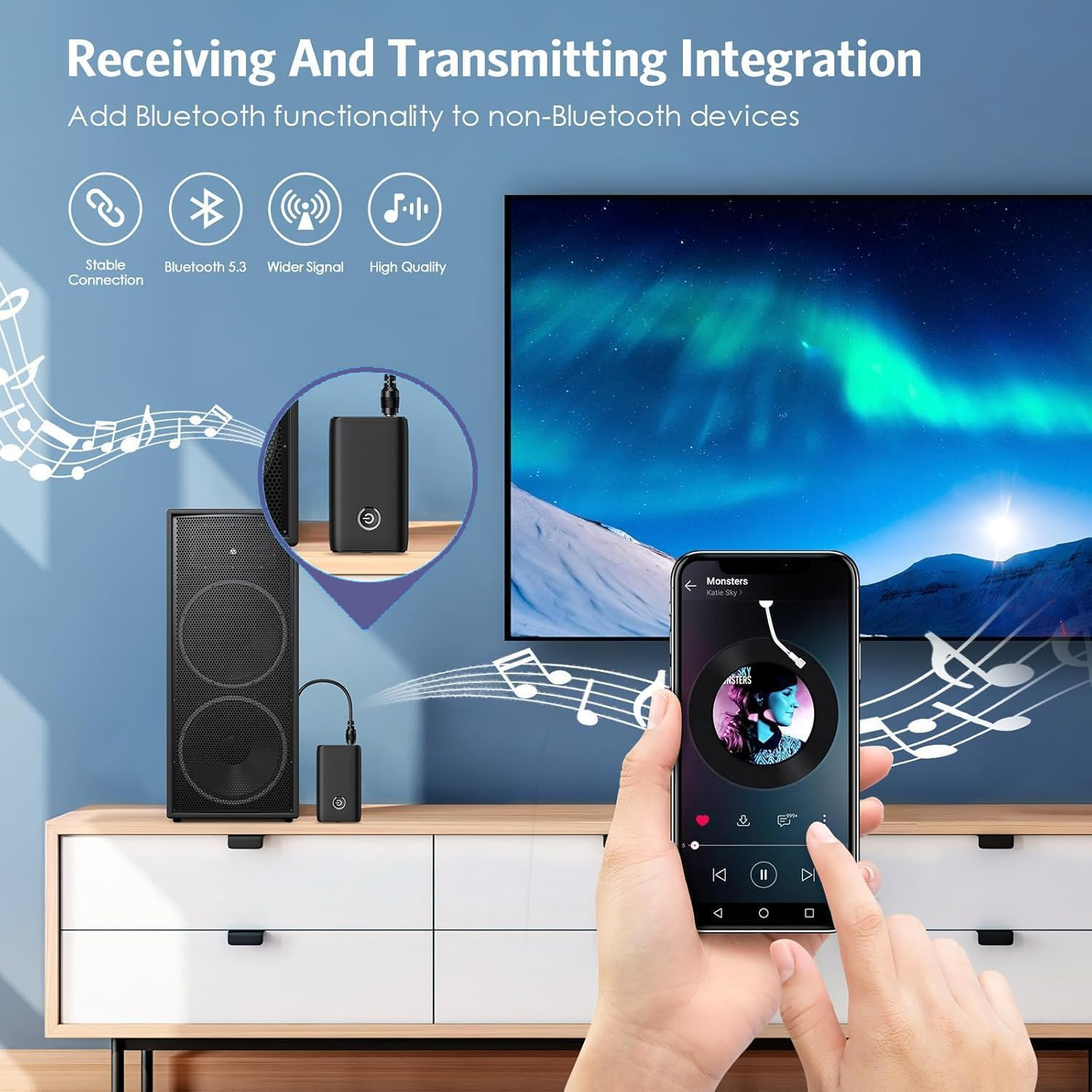 Bild zeigt Bluetooth-Geräte-Setup mit Lautsprechern, Fernseher und Musik abspielendem Telefon.
