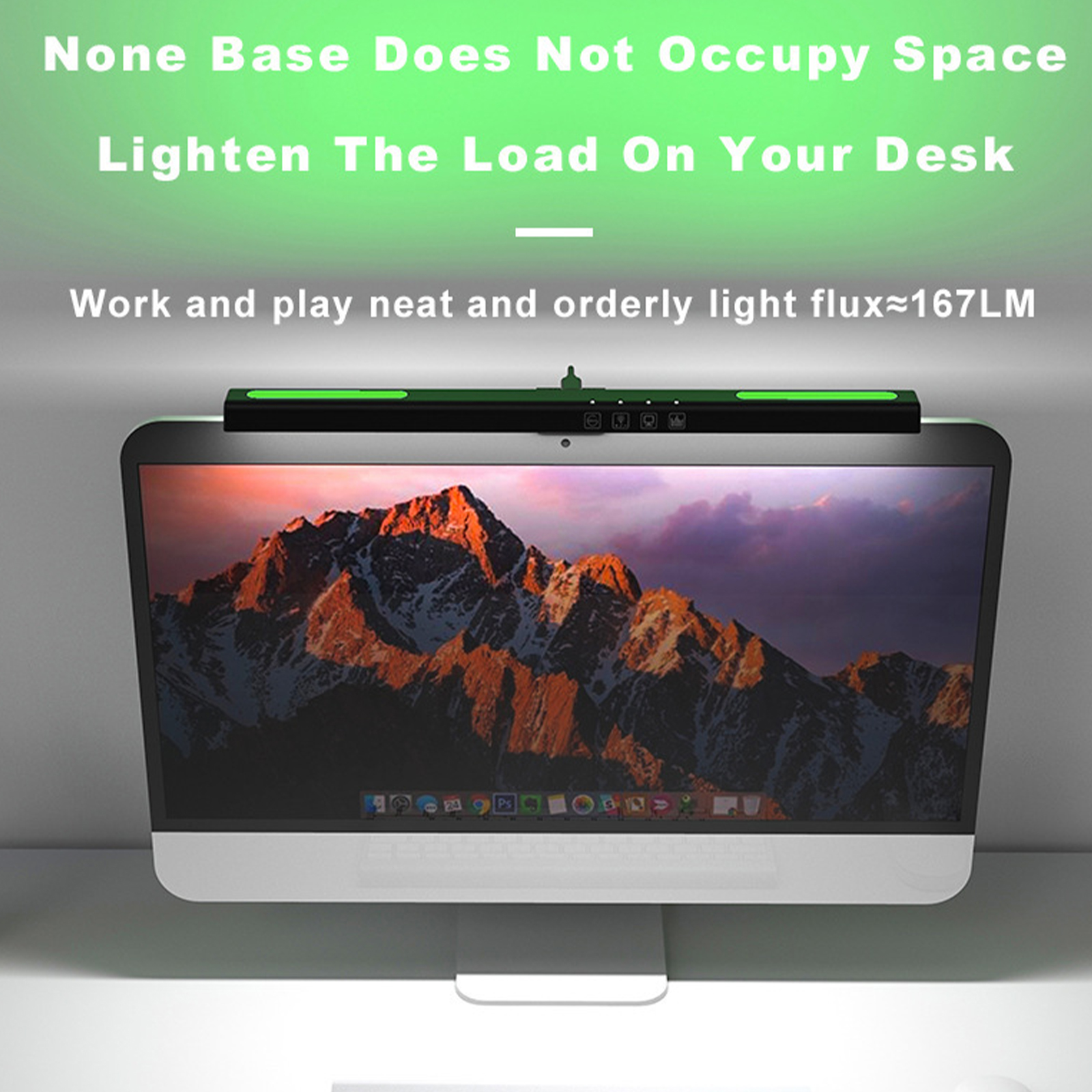 Eine Monitorleuchte an einem Computermonitor. Der Text lautet 'Lighten The Load On Your Desk'.