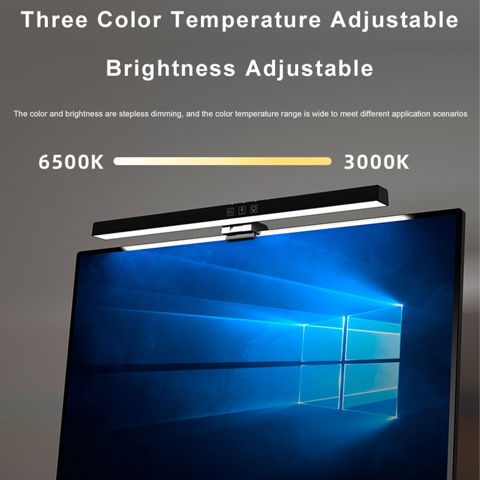 Eine schwarze Lichtleiste über einem Monitor, mit einstellbaren Farb- und Helligkeitseinstellungen.