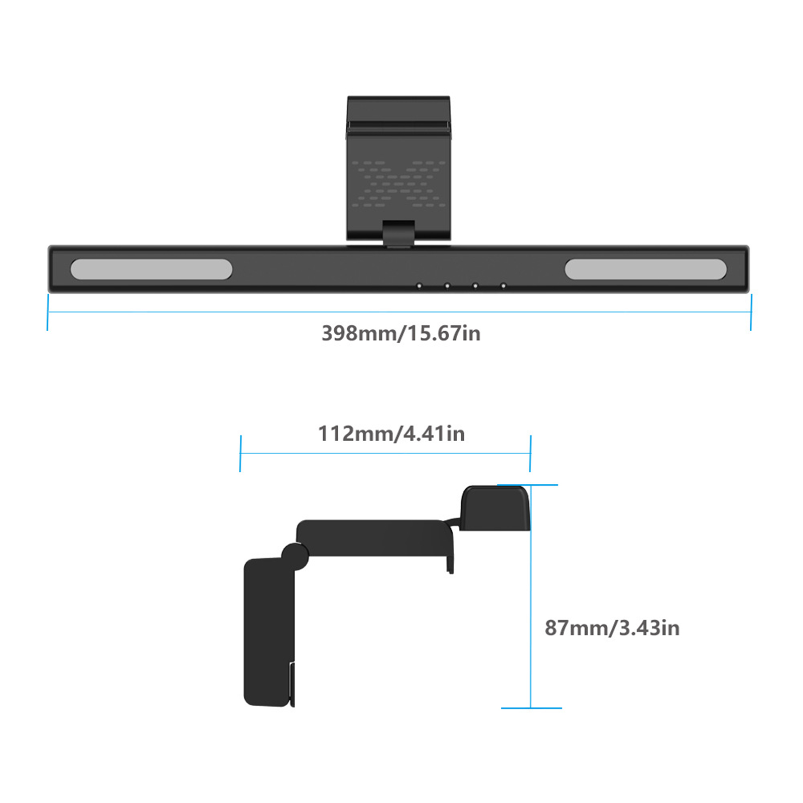 Schwarze LED-Lichtleiste mit Maßen. Eine Halterung ist daran befestigt. Abmessungen sind in mm und Zoll angegeben.