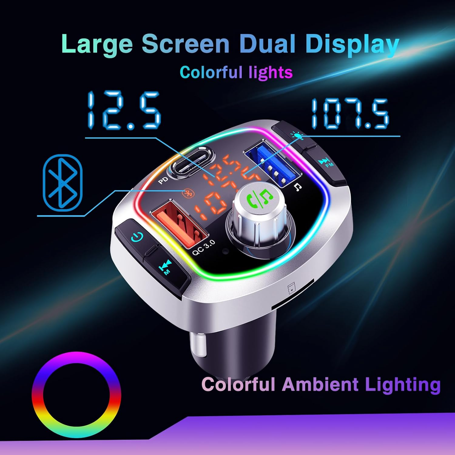 Silbernes Autoladegerät mit bunten Lichtern und Display, schwarzer Hintergrund.