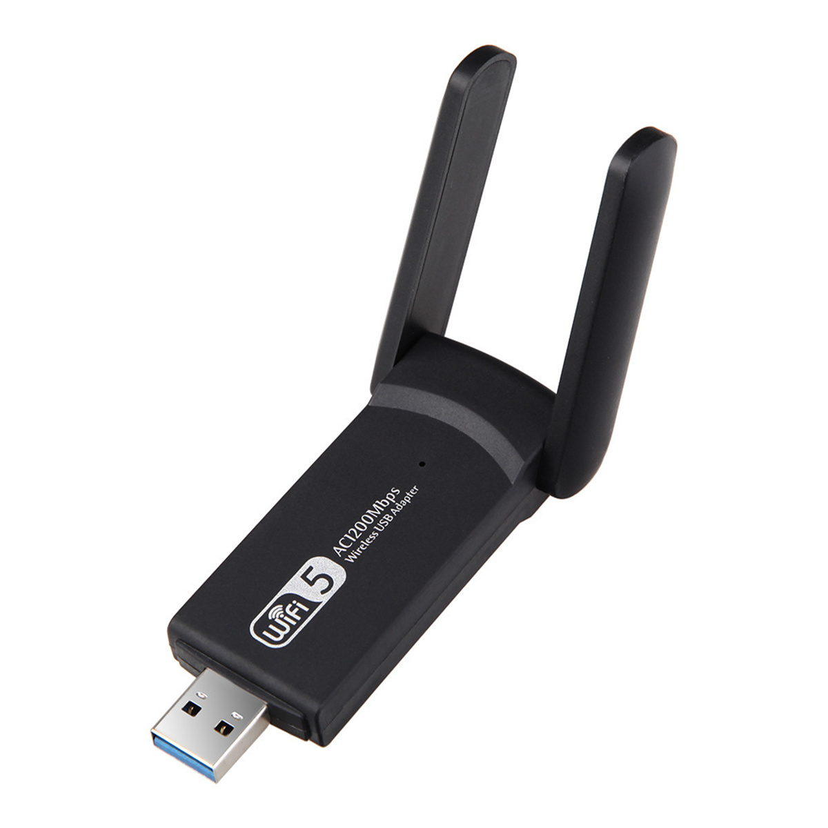 Schwarzer USB-WLAN-Adapter mit zwei Antennen. Aufgedruckt: 'WiFi 5' und 'AC1200Mbps'.