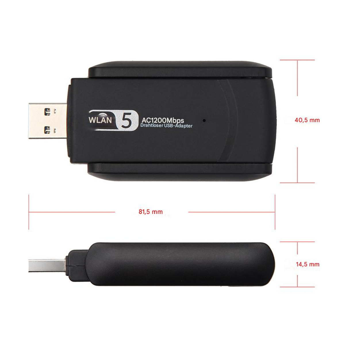 Ein schwarzer USB-WLAN-Adapter mit angegebenen Abmessungen. Text lautet: WLAN 5 AC1200Mbit/s Drahtloser USB-Adapter.