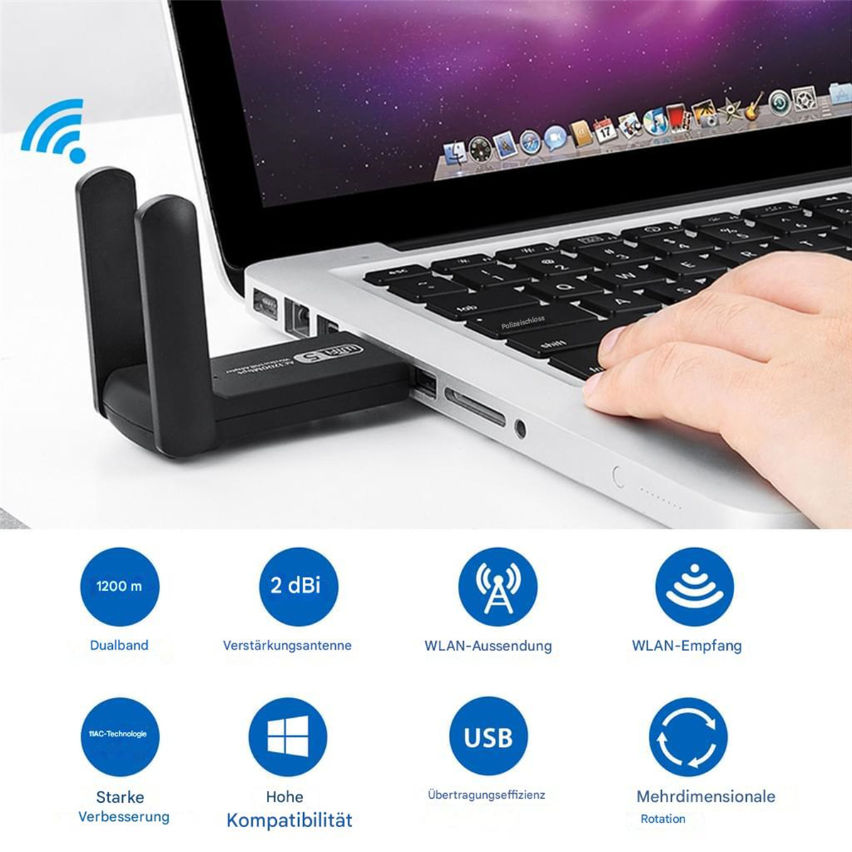 USB-WLAN-Adapter, der an einen Laptop angeschlossen ist. Text zeigt Details.
