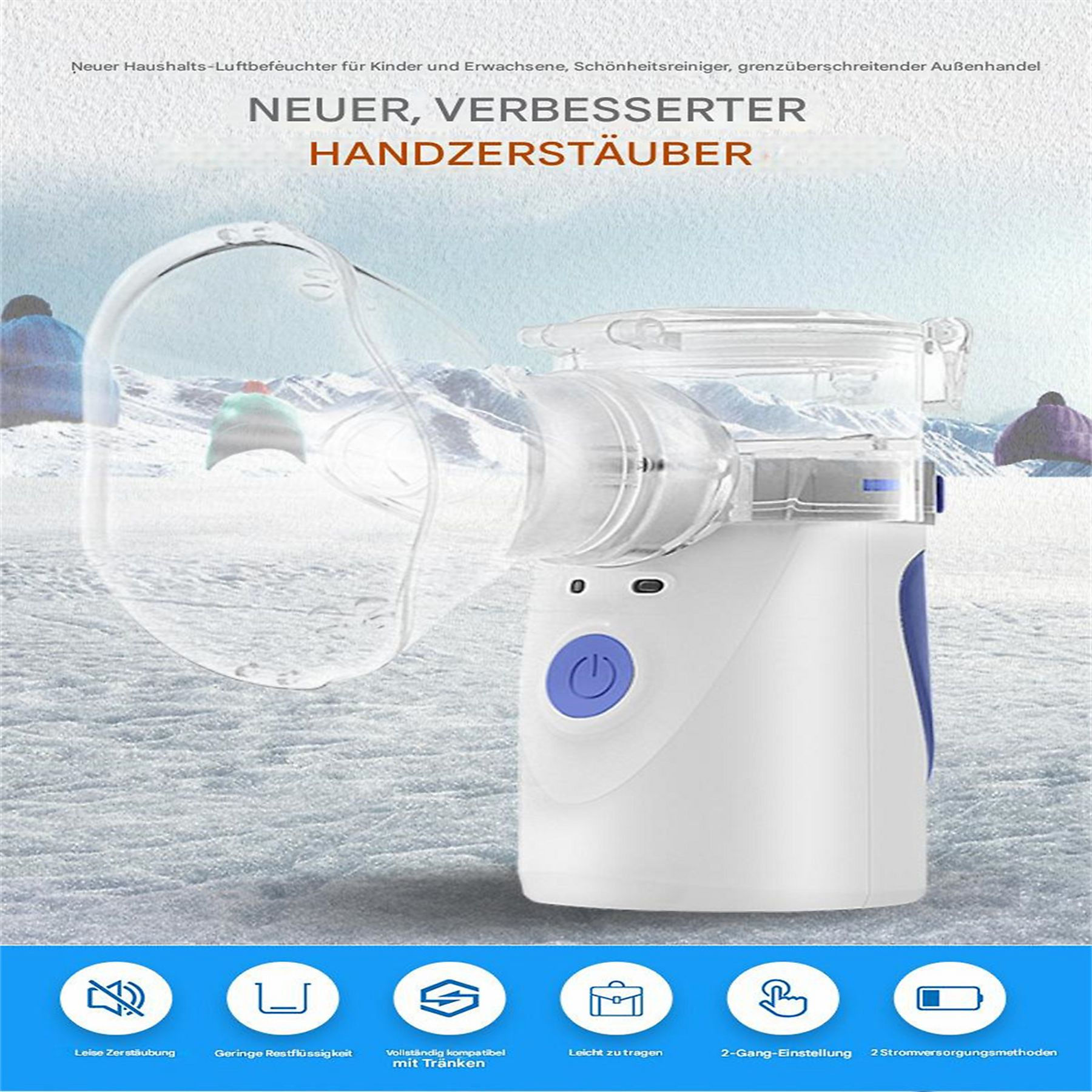 Weißes und blaues Verneblergerät mit Maske und Symbolen. Text auf Deutsch über das Produkt.
