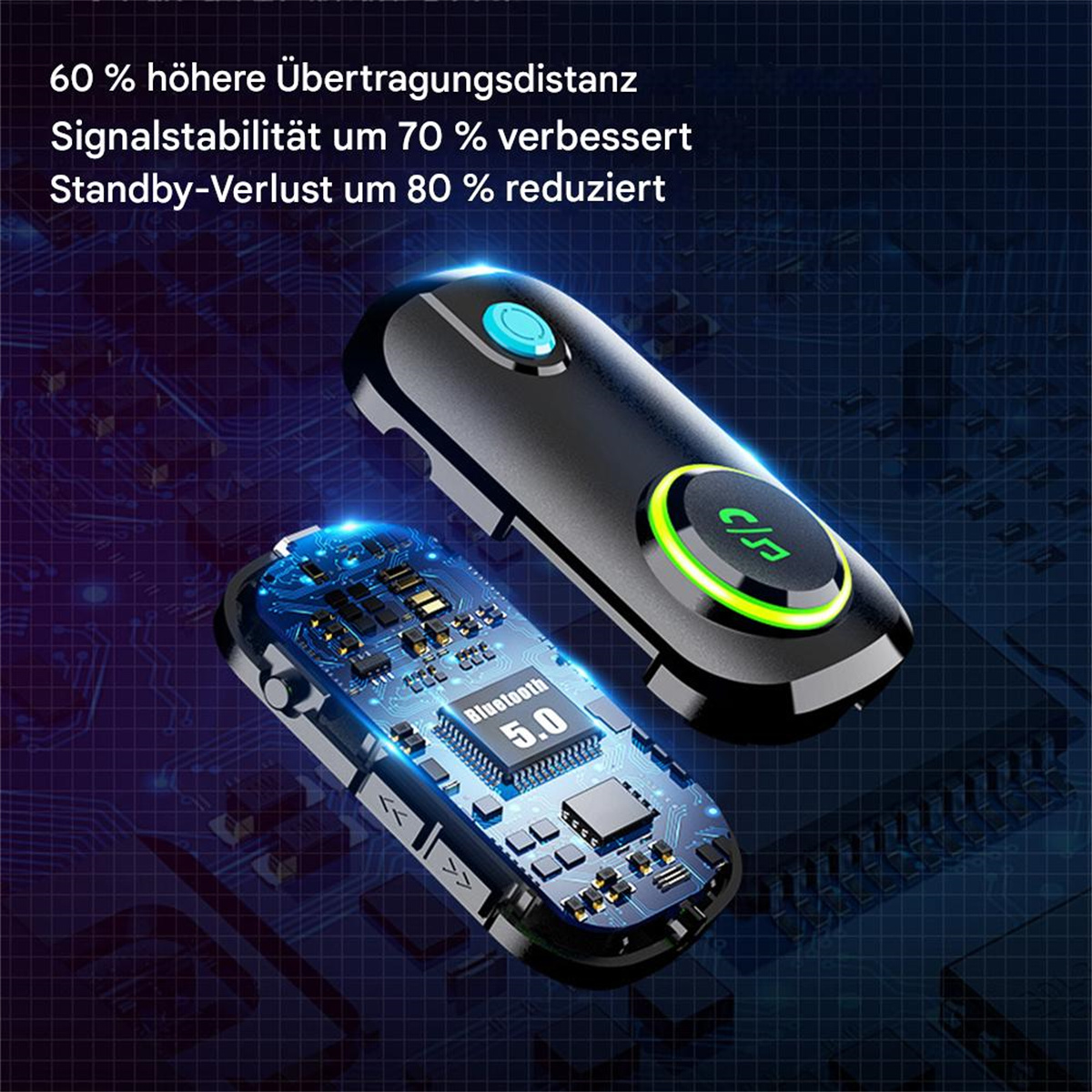 Zwei schwarze Bluetooth-Geräte. Text über Signalstabilität und reduzierten Standby-Verlust. Blaue und grüne Lichter.