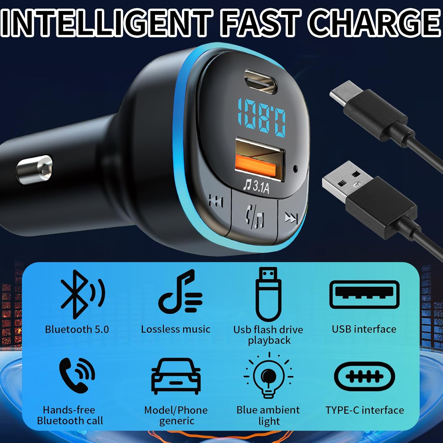 Autoladegerät mit USB, Bluetooth und anderen Funktionen, mit Textbeschriftungen.