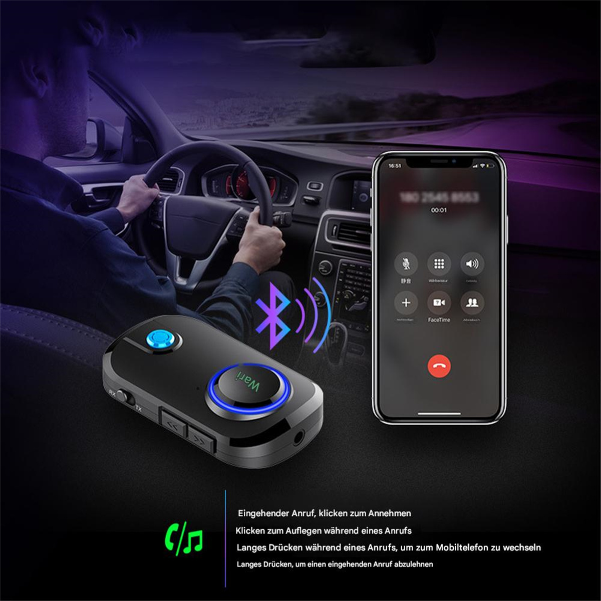 Auto-Innenraum. Bluetooth-Gerät, Telefon mit Anrufbildschirm. Fahrer hält das Lenkrad.