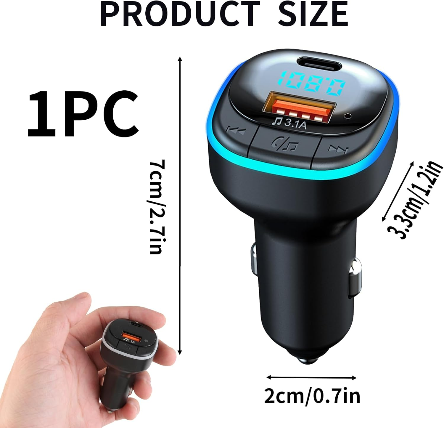 Schwarzes und blaues Autoladegerät mit digitaler Anzeige. Es ist 7 cm/2,7 Zoll hoch und 2 cm/0,7 Zoll breit.