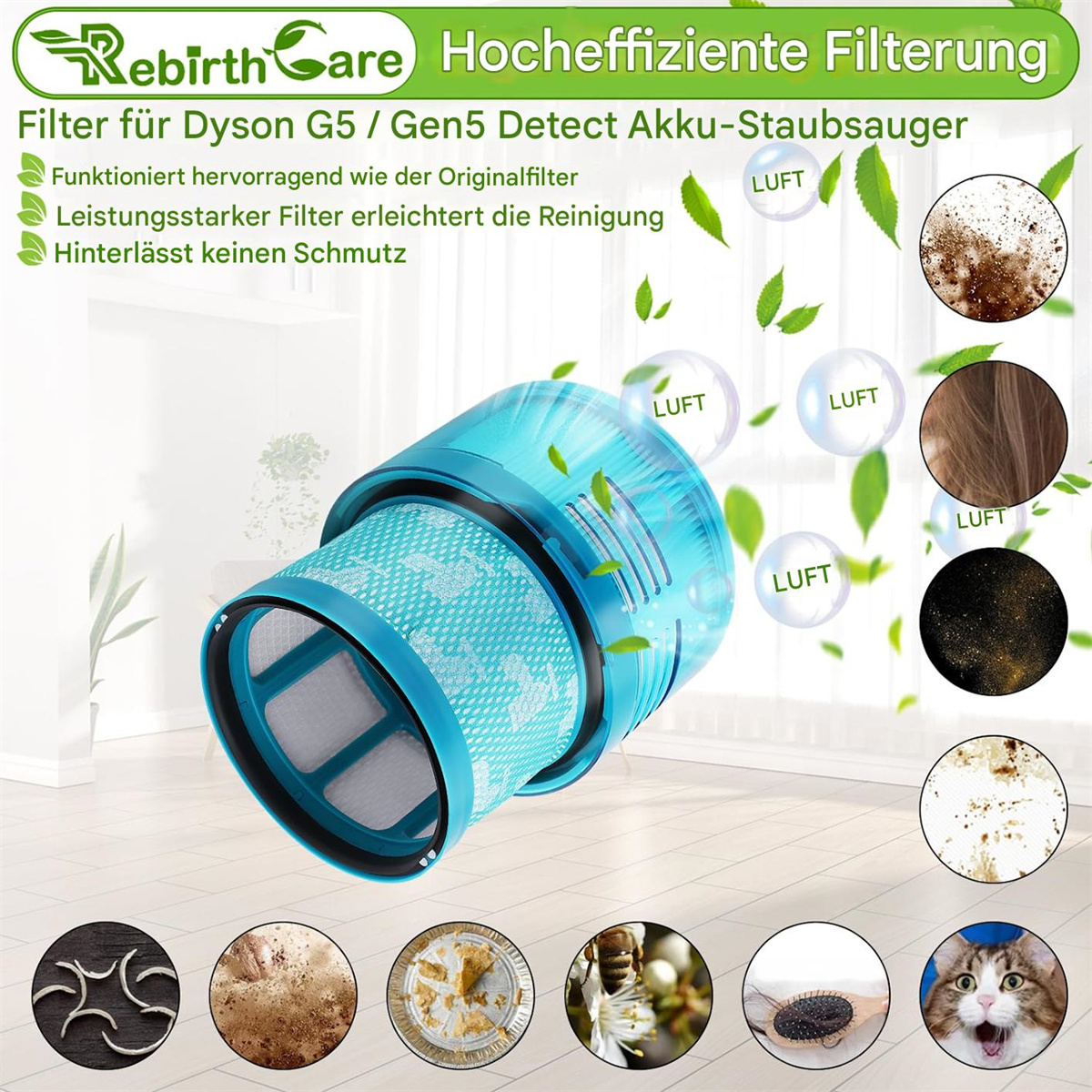 Ein blauer und türkisfarbener Staubsaugerfilter mit Illustrationen von Luft, Haaren und Schmutzpartikeln.