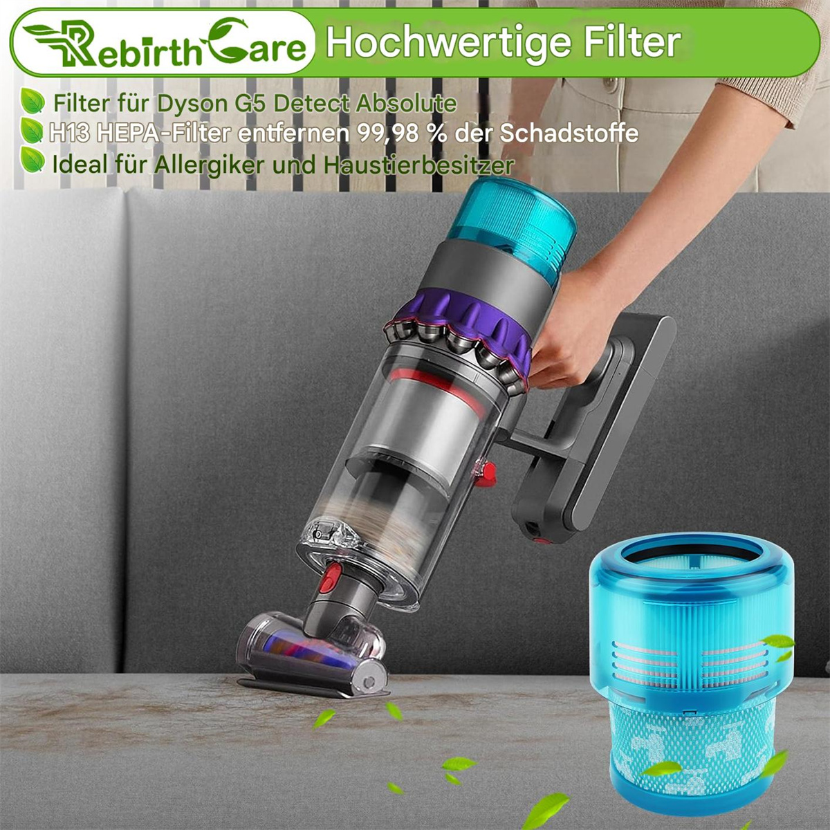Staubsauger mit Filter und Zubehör. Das Bild hat Text oben.