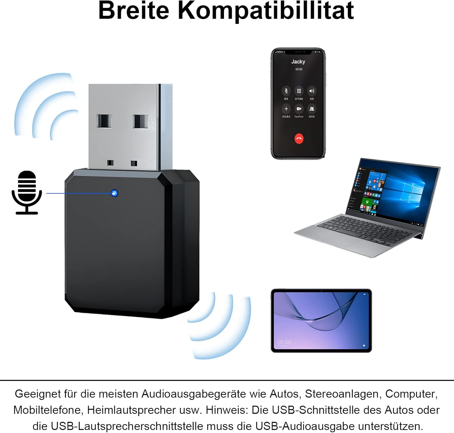 Schwarzer USB-Adapter mit USB-Anschluss. Angeschlossene Geräte: Telefon, Laptop und Tablet. Text: Breite Kompatibilität.