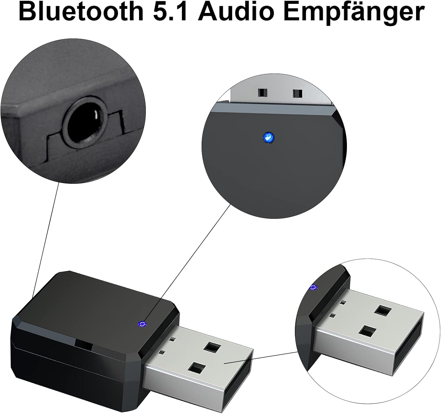 Bluetooth 5.1 Audioempfänger mit Details zu den Anschlüssen.