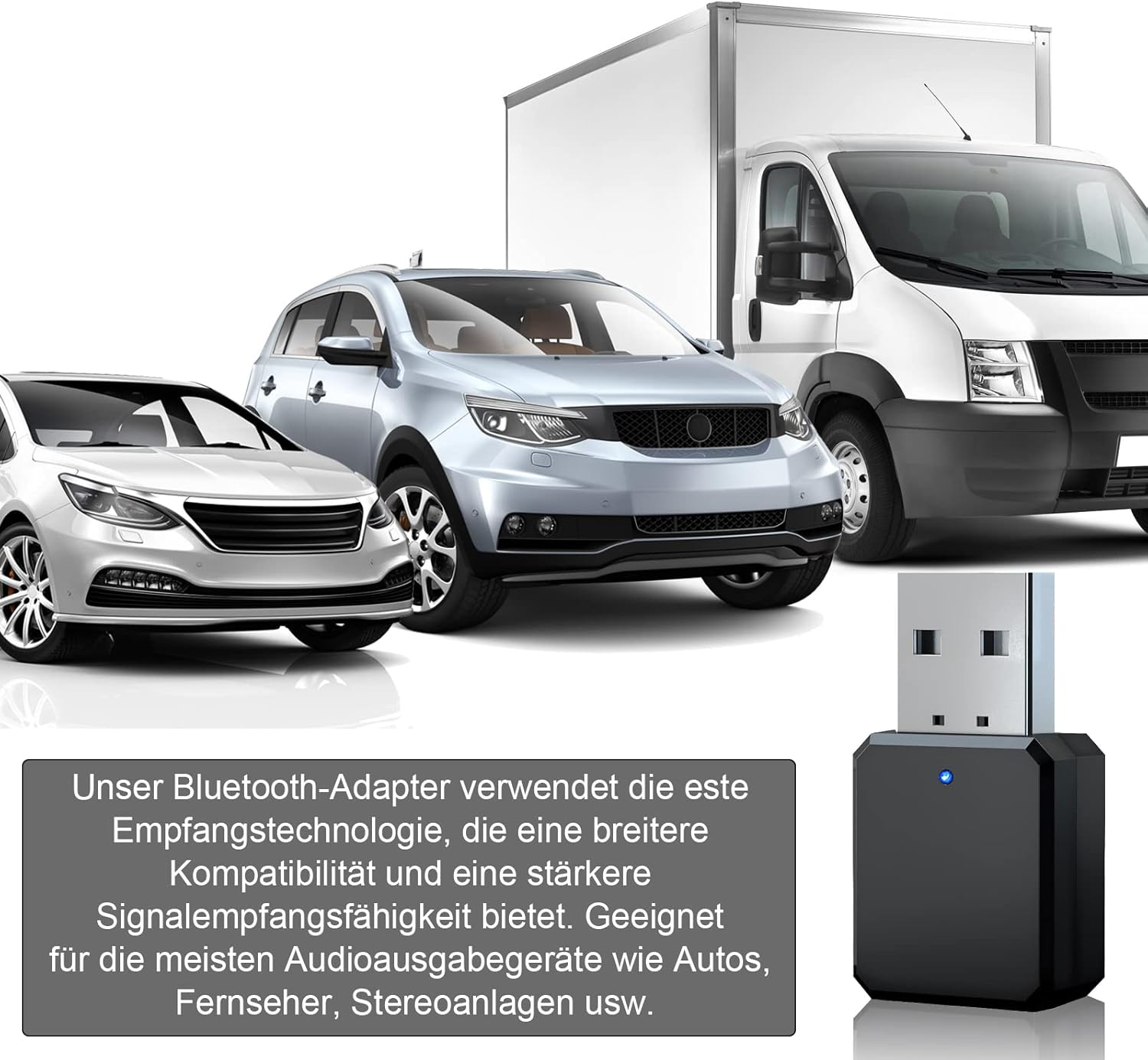 Bluetooth-Adapter eingesteckt, mit drei Autos im Hintergrund, weißer Transporter.