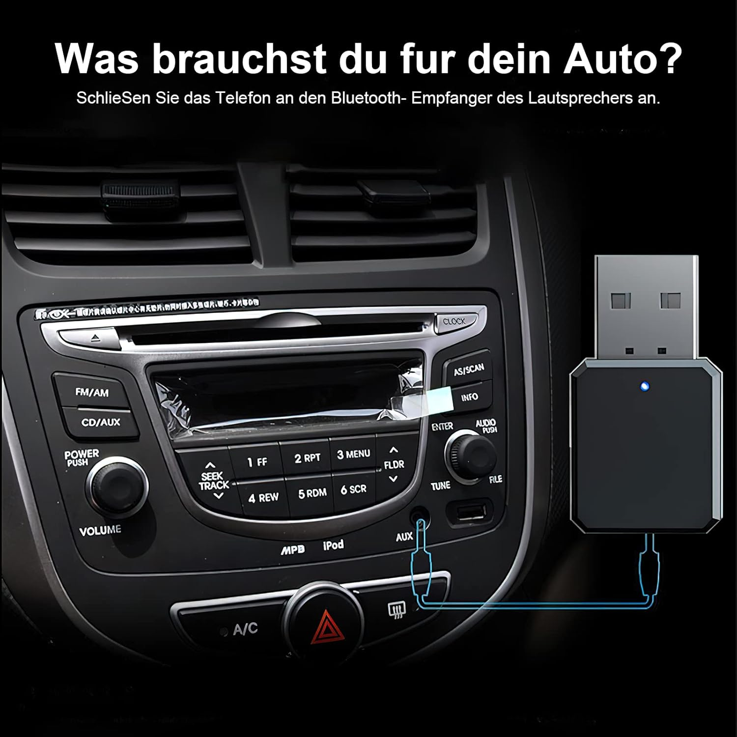 Autoradio mit USB-Adapter. Textüberlagerung in Deutsch.