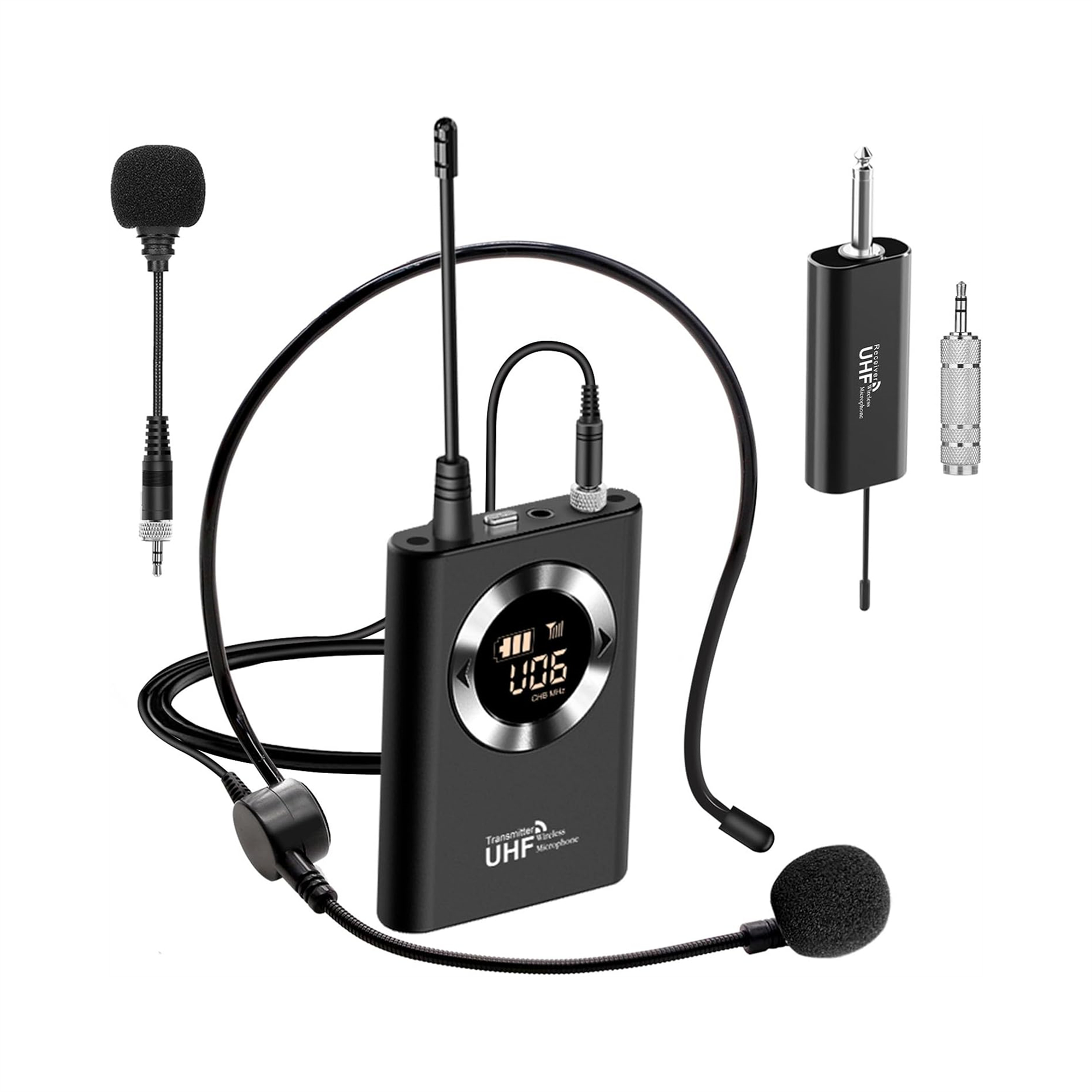 Ein schwarzes kabelloses Mikrofon-Set. Enthält Sender, Headset und Empfänger.